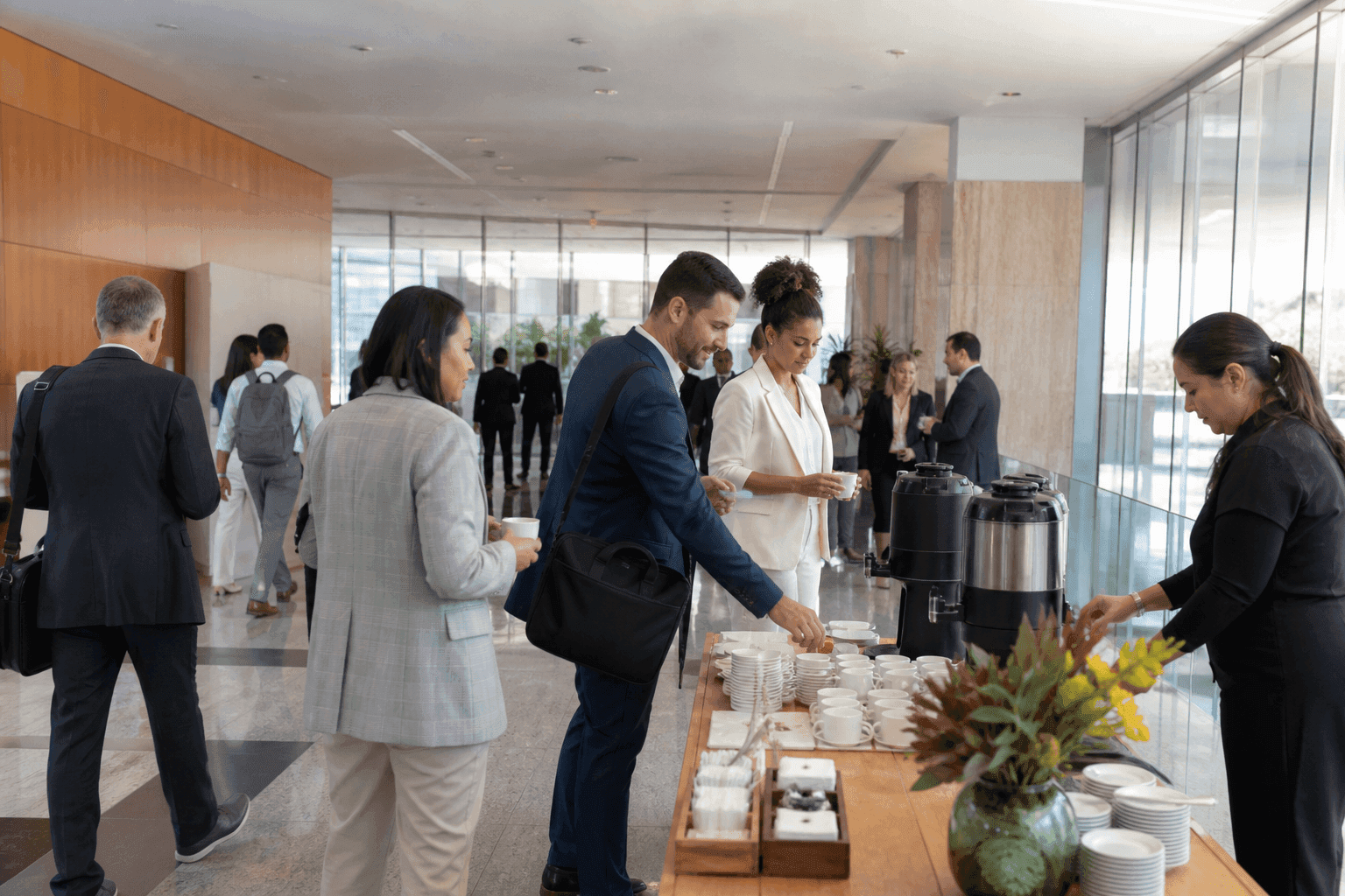 Estações distribuídas de coffee break reduzindo filas em evento corporativo