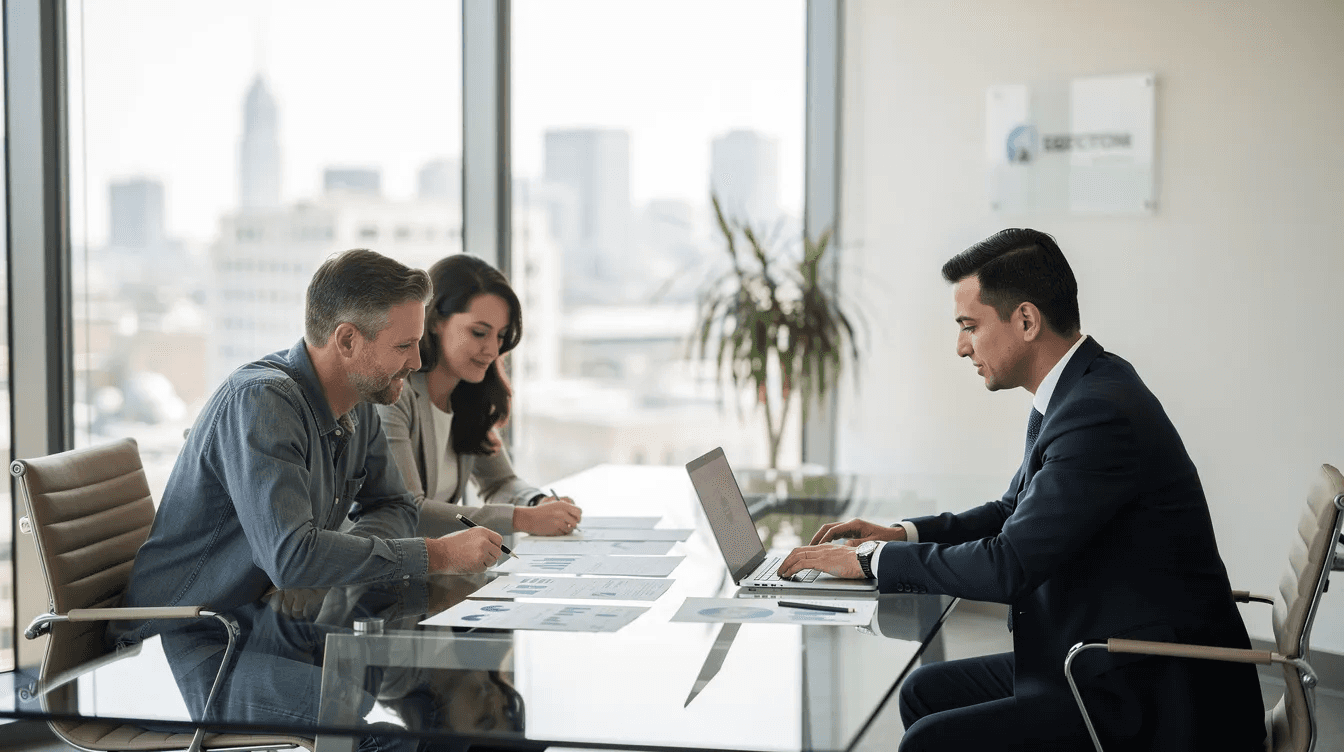 A financial advisor is meeting with a couple in a modern office, discussing private credit investments and reviewing documents at a sleek conference table. The setting emphasizes the importance of portfolio diversification and the potential benefits of incorporating alternative investments like private credit into their financial strategy.