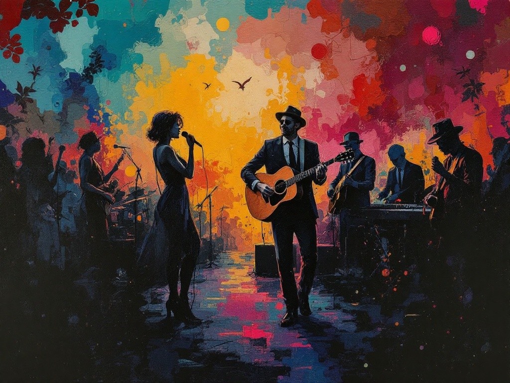 A painting of a band performing on stage