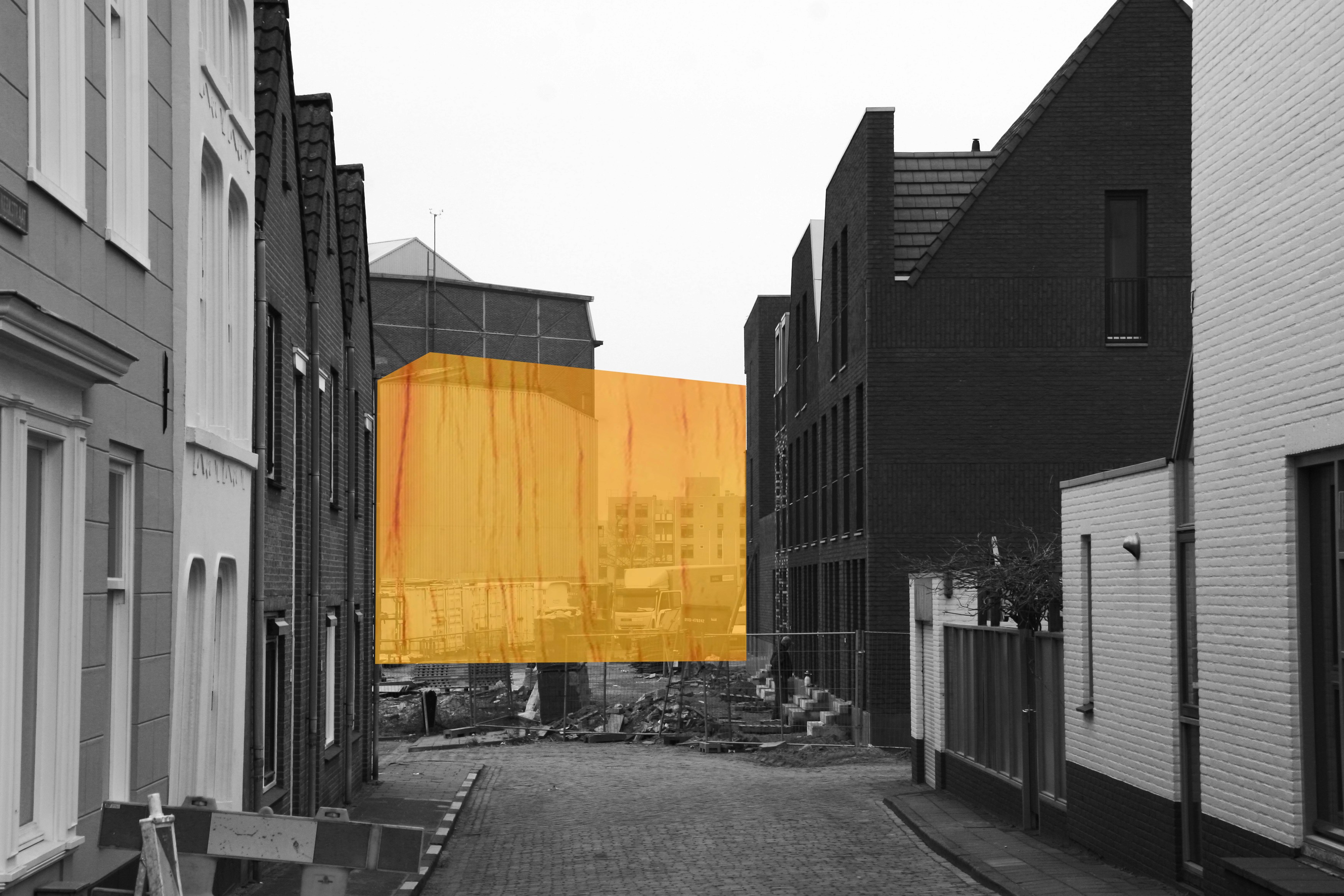 Conceptual visualization of a new building volume next to the sheet metal workshop, seen from one of the side streets, in the former De Schelde shipyard
