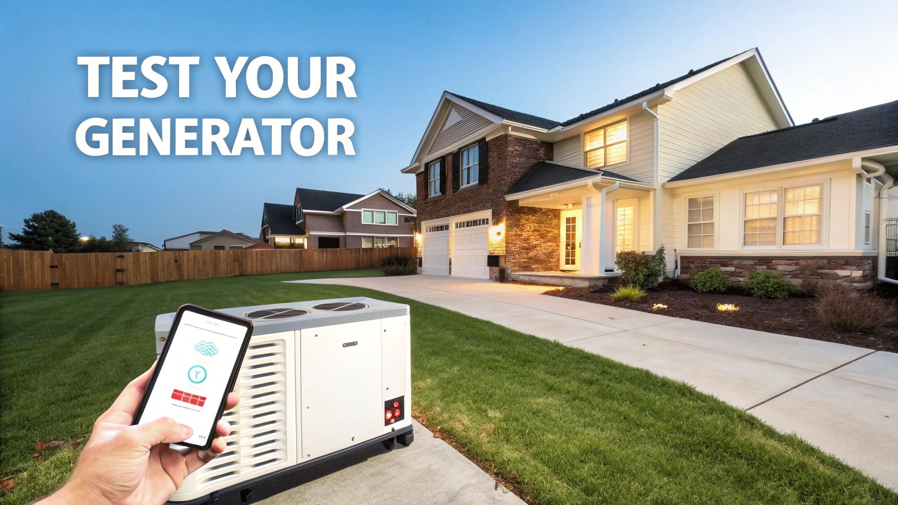 A hand holds a smartphone showing a generator testing app in front of a home standby generator.