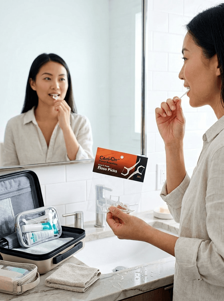 A woman in front of a mirror utlizing a floss pick in one hand, whilst wielding the package it was sourced from in the other.