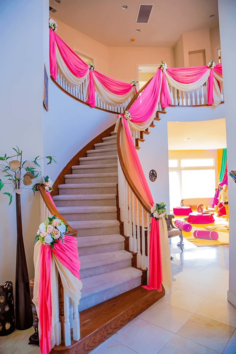 Stair decor with pink & cream fabric drapes & flowers for home wedding decoration in Rohini, Dwarka, Ghaziabad & Gurgaon NCR