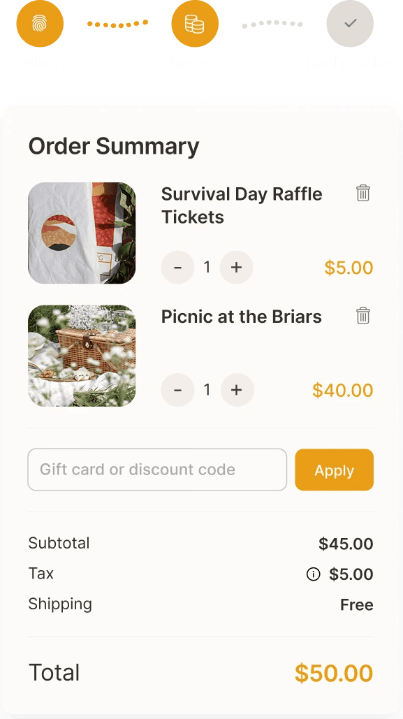 OurSonglines order summary screen showing two items: "Survival Day Raffle Tickets" for $5 and "Picnic at the Briars" for $40. Total is $50 with free shipping.