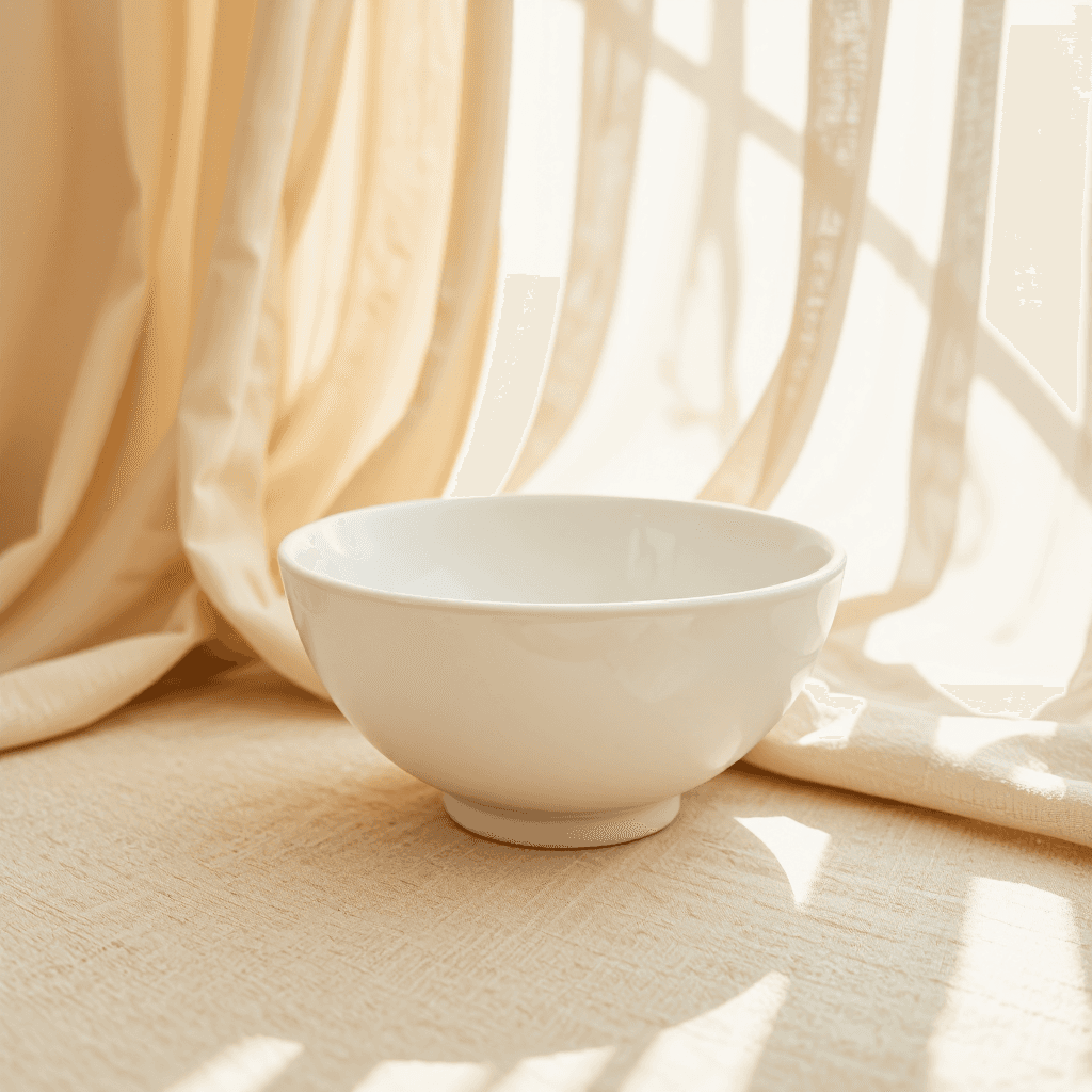 product photography of a round white bowl, typically used for serving food or holding ingredients
