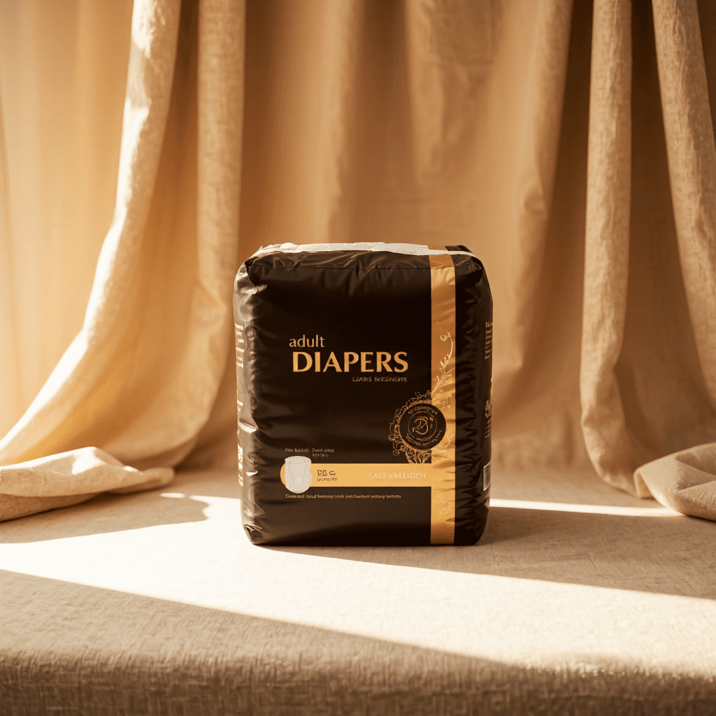 product photography of a package of adult diapers, designed for comfort and absorbency