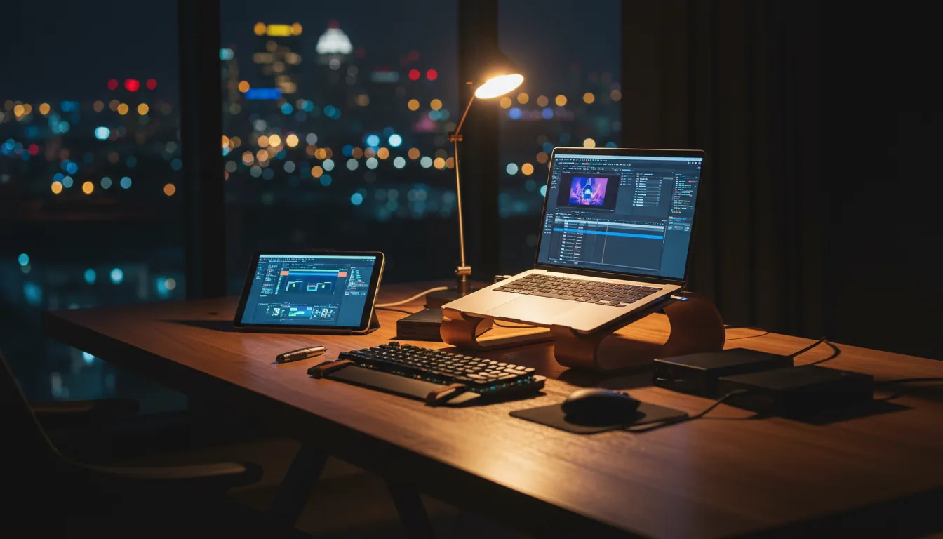 DSLR photograph of a professional video editing workstation on a wooden desk in a dark room at night, with moody, cinematic lighting from a single warm desk lamp. A laptop on a curved wood stand displays the Adobe After Effects software interface. In the foreground, a tablet also shows UI elements for video editing. A large window in the background reveals an out-of-focus city skyline with soft bokeh lights. The image has a shallow depth of field, focusing on the sleek hardware and the warm texture of the wood.