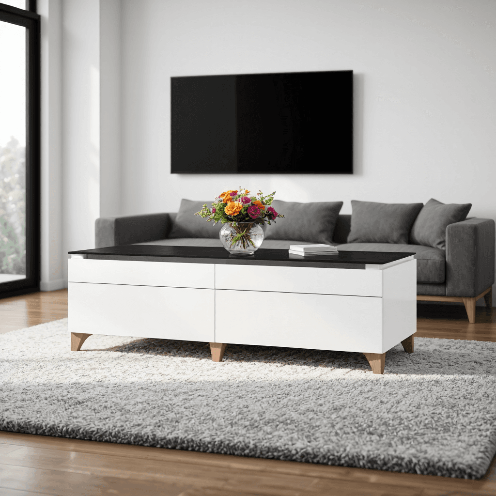 product photography of a modern TV stand with storage drawers and a decorative vase
