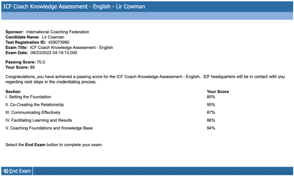 Screenshot of ICF Coach Knowledge Assessment results for candidate Lir Cowman, showing a passing score of 89 out of 100. Section scores include Co-Creating the Relationship (95%), Coaching Foundations (94%), Communicating Effectively (87%), Facilitating Results (86%), and Setting the Foundation (85%).