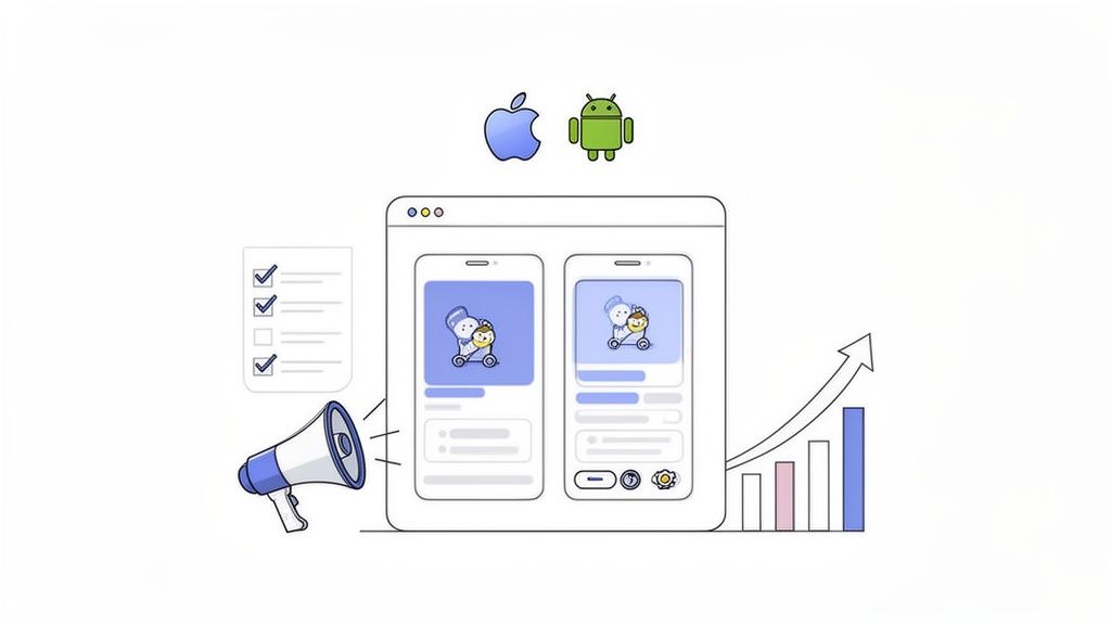 Illustration of mobile app development, marketing, and growth for both iOS and Android platforms.