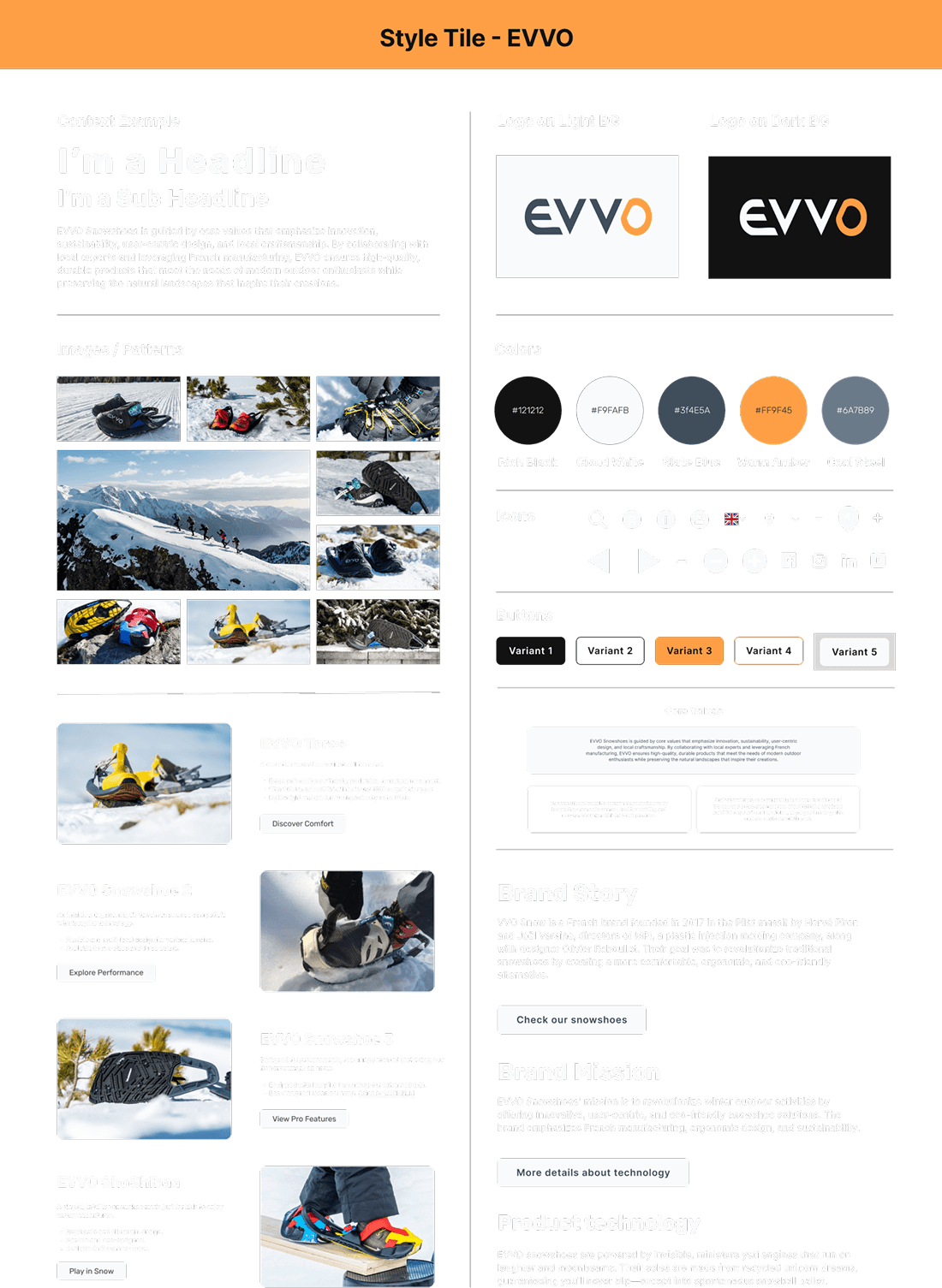 EVVO brand style tile including font samples, logo on light and dark backgrounds, color palette with swatches and hex codes, custom icons, and example buttons. The left side showcases editorial headlines, snowy product images, snowshoe model cards, and a summary of brand story, mission, and product technology. Core brand values and messaging are featured at the bottom.