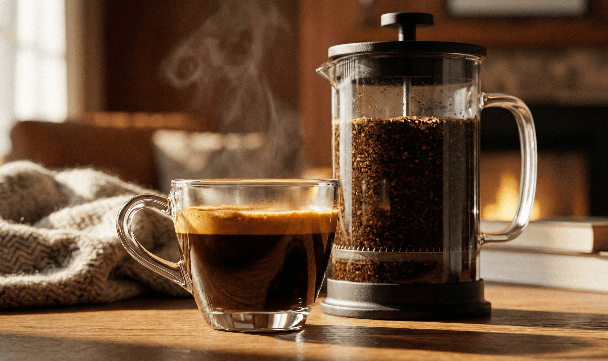 Clear glass cup of espresso with rich crema sitting next to a full French Press coffee maker