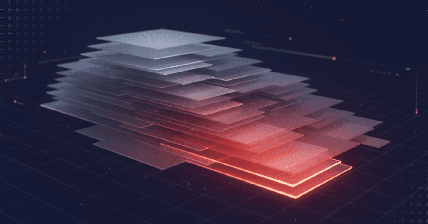 A dark, moody visualization of a monitoring dashboard screen with layers of overlapping alert notifications accumulating over time, shown as translucent stacked layers fading from bright red and orange in the foreground to dim, dusty gray in the background. The layers should suggest archaeological strata or sediment, representing old forgotten alerts buried under new ones. The aesthetic should be technical and production-focused, with glowing interface elements and a sense of overwhelming accumulation. No text, words, or letters visible.