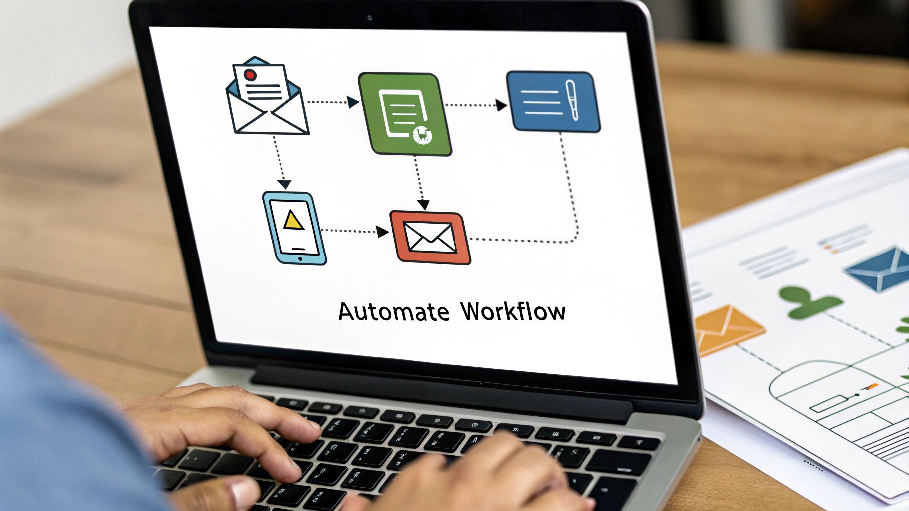 A visual representation of a connected workflow, with icons for email, cloud storage, and team chat, illustrating the flow of an automated process.