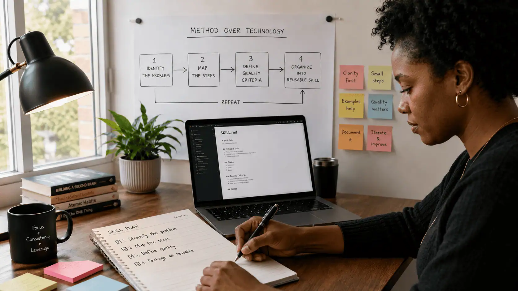 Profissional desenvolvendo uma Skill de IA com método, organização e documentação em um ambiente de trabalho, representando o desenvolvimento de carreira com IA.