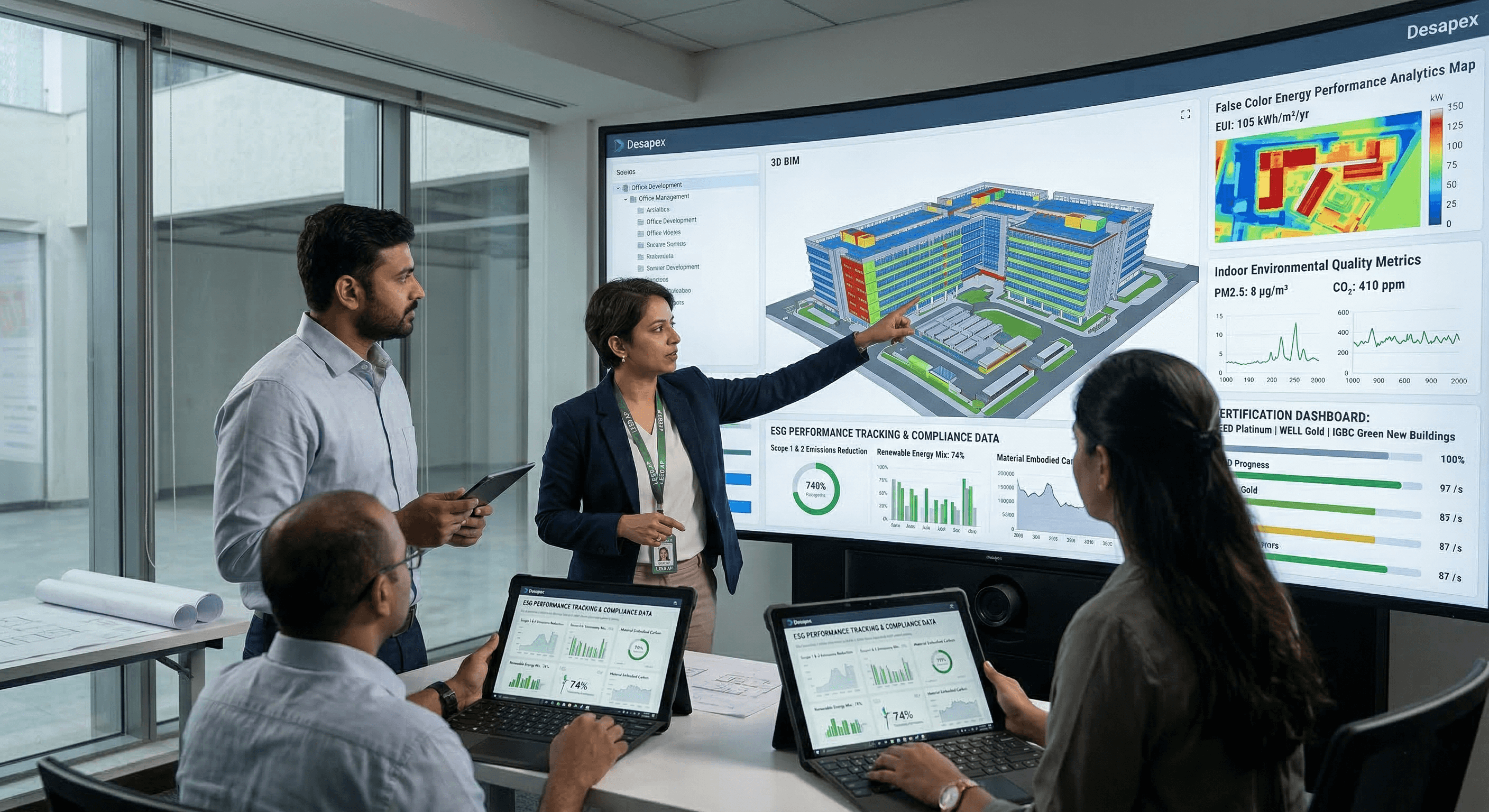 A man stands while two people sit at a table in an office setting, smiling and engaged in conversation. The mood is friendly and collaborative.