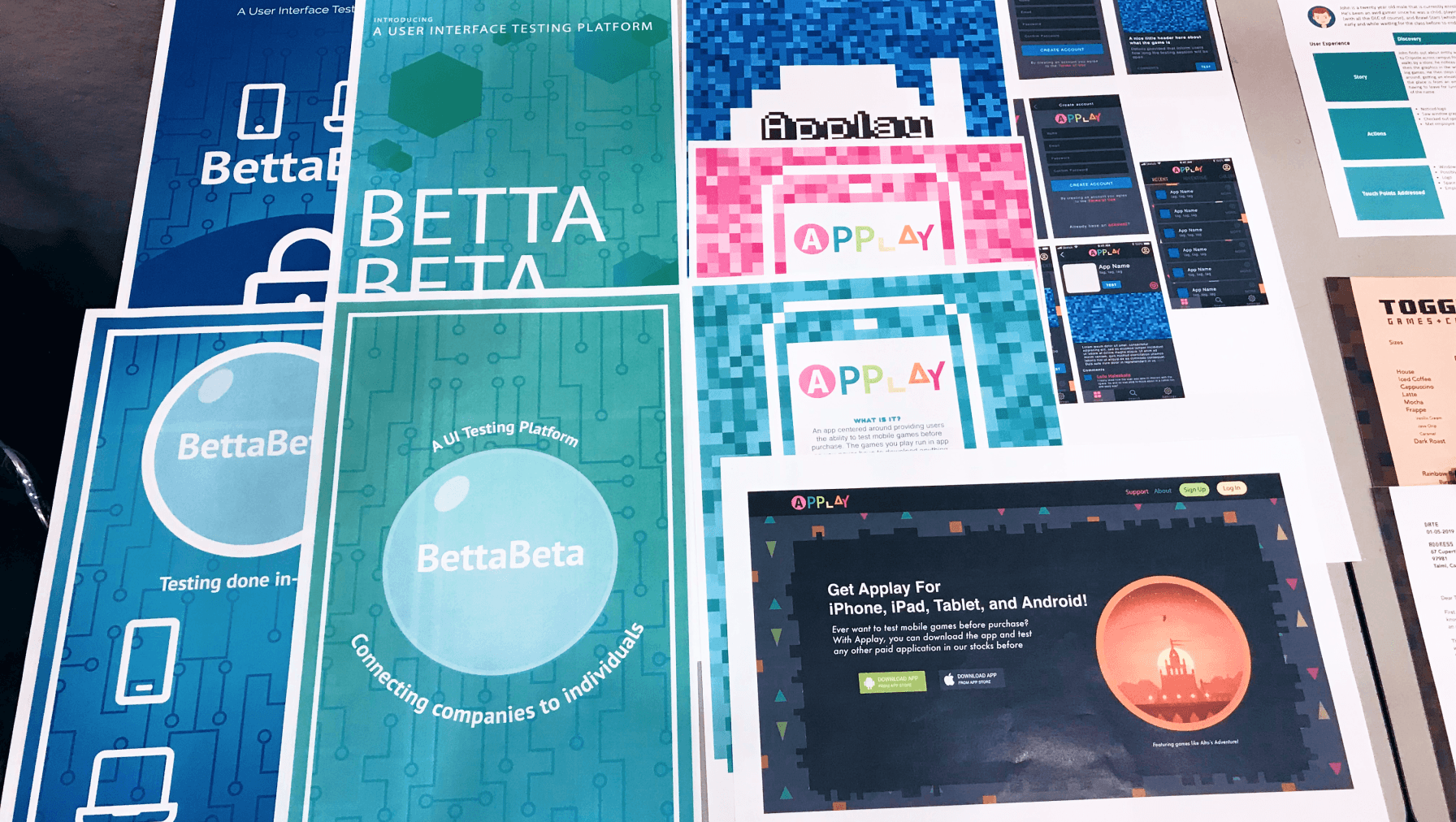 Multiple poster iterations showing branding variations for BettaBeta and Applay, evolving toward Toggle’s final concept.
