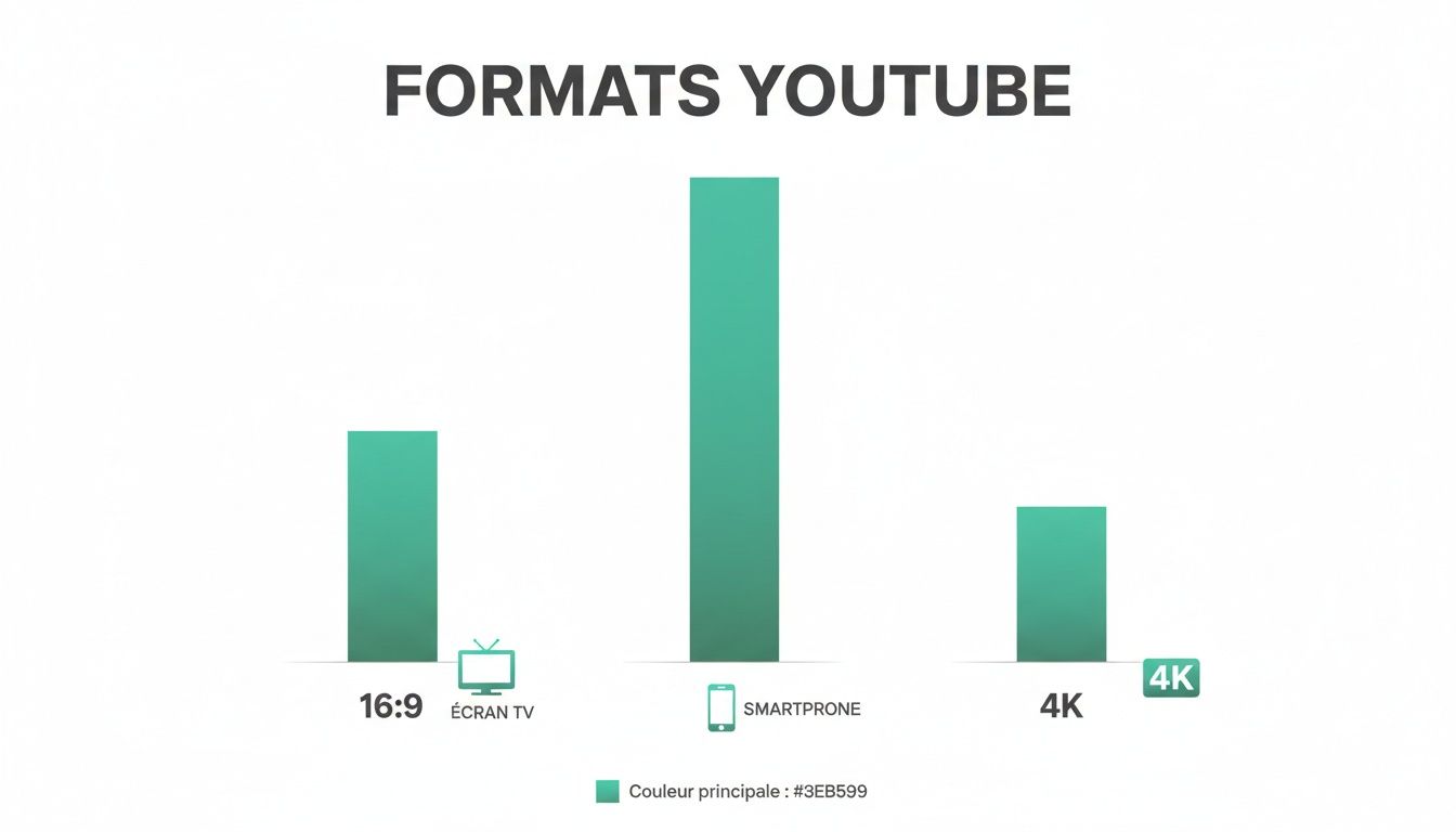 Graphique à barres comparant les formats vidéo YouTube pour TV, smartphone et 4K, montrant la prédominance du smartphone.