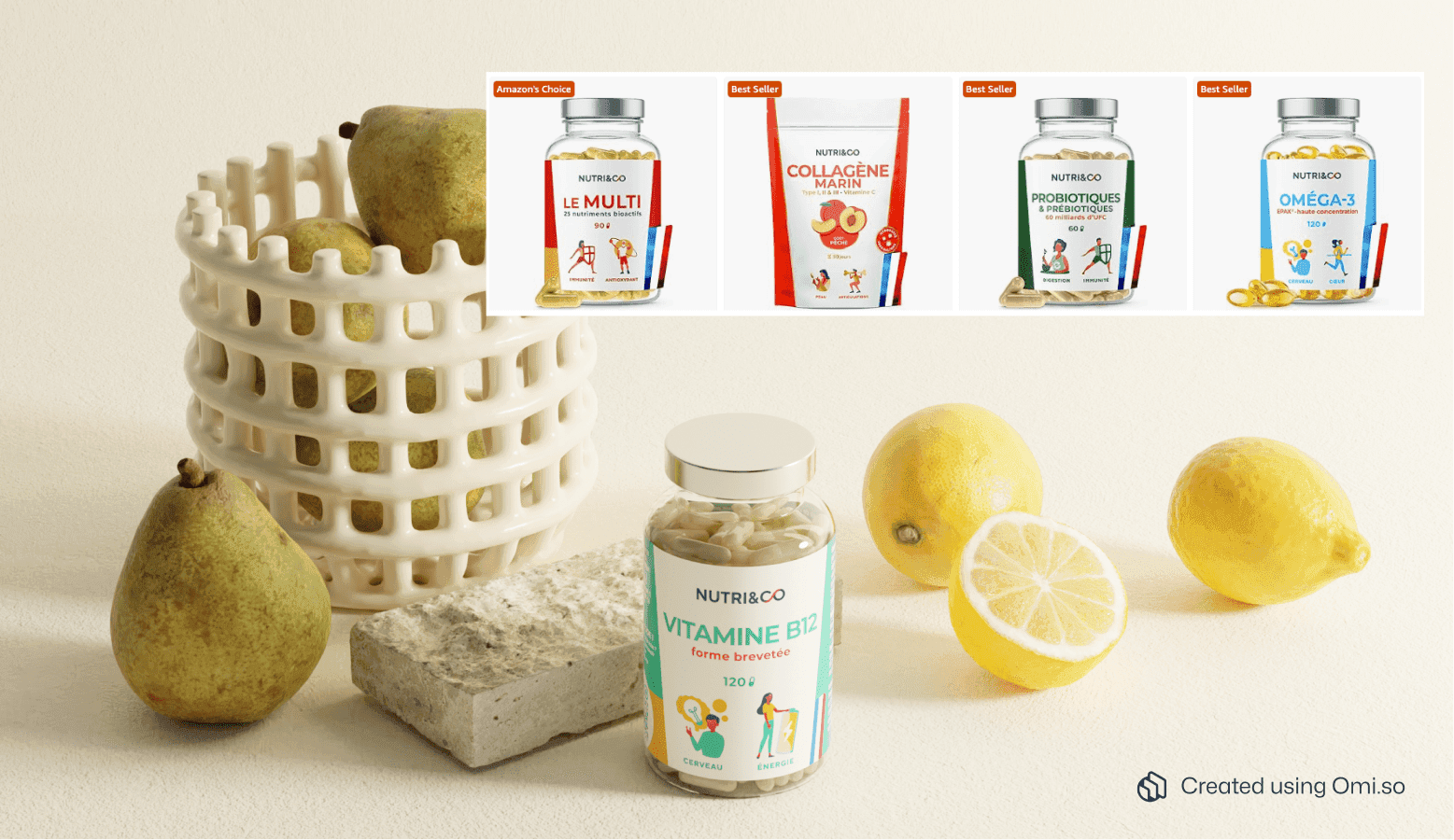 Vitamine B12 supplement with lemons and pears next to podium, with screenshot of Amazon images with "Amazon's Choice" badges