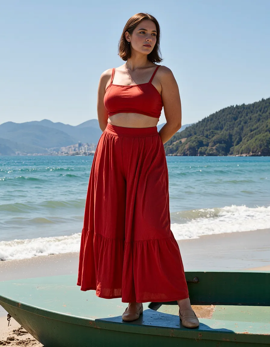 Stylish red two-piece outfit featuring crop top and flowing maxi skirt, modeled on a boat against turquoise water and mountain backdrop