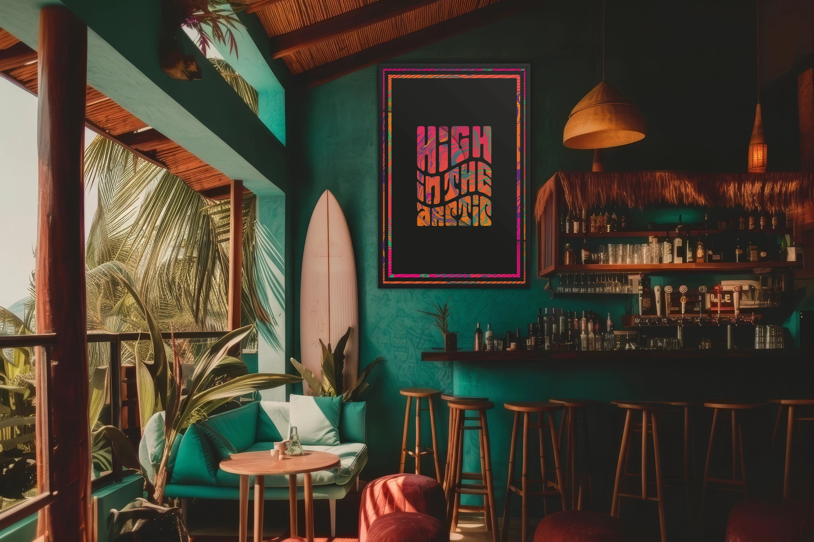 Poster design on the wall inside a beach bar