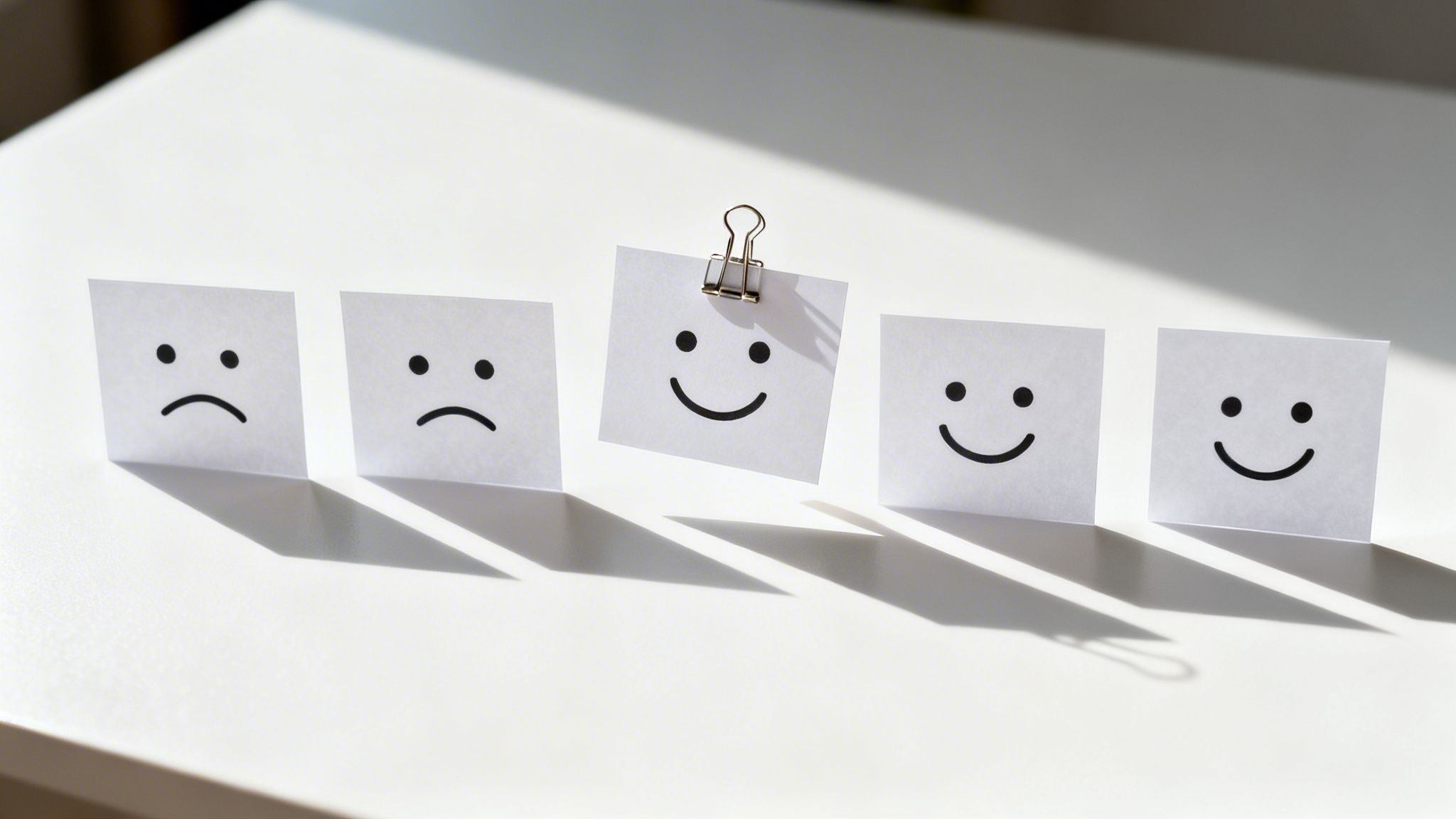 Five cards with sad and happy face emojis on a white surface, one happy card is elevated.