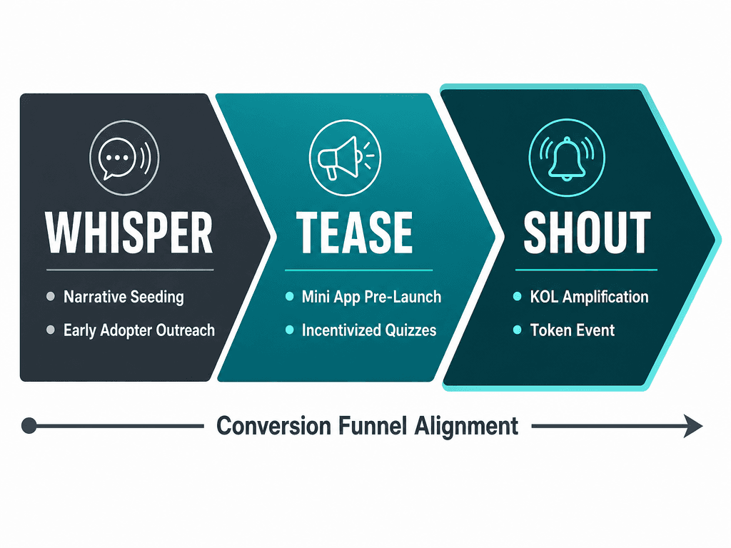 A horizontal chevron chart outlining the Whisper, Tease, and Shout launch framework for crypto Telegram community management and marketing.