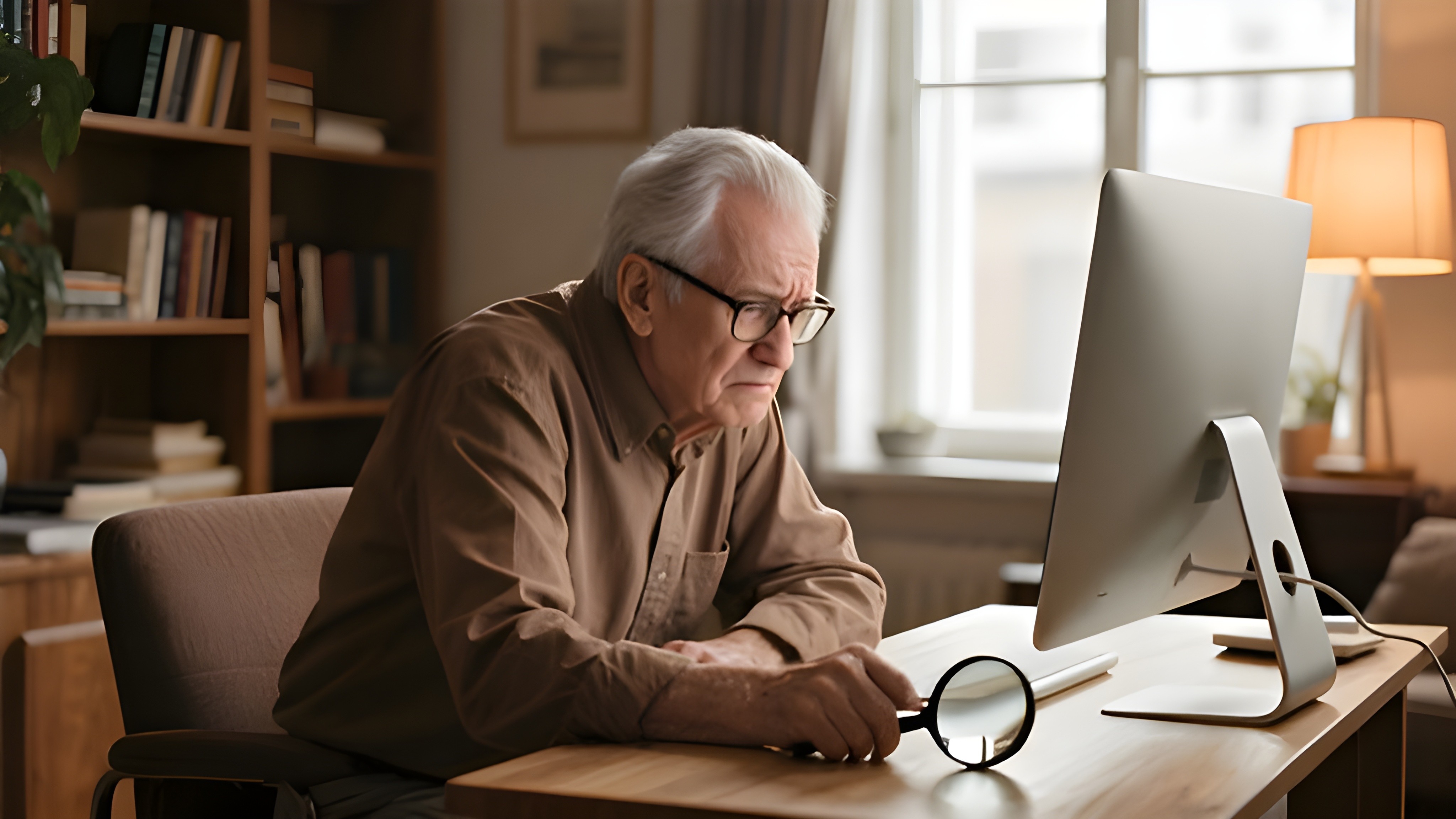 Ein älterer Mann mit grauem Haar und Brille sitzt an einem Schreibtisch und konzentriert sich auf einen Computermonitor vor ihm. Er trägt ein braunes Hemd. Rechts im Vordergrund liegt eine Lupe auf dem Tisch. Im Hintergrund sind ein Bücherregal und ein Fenster zu sehen.