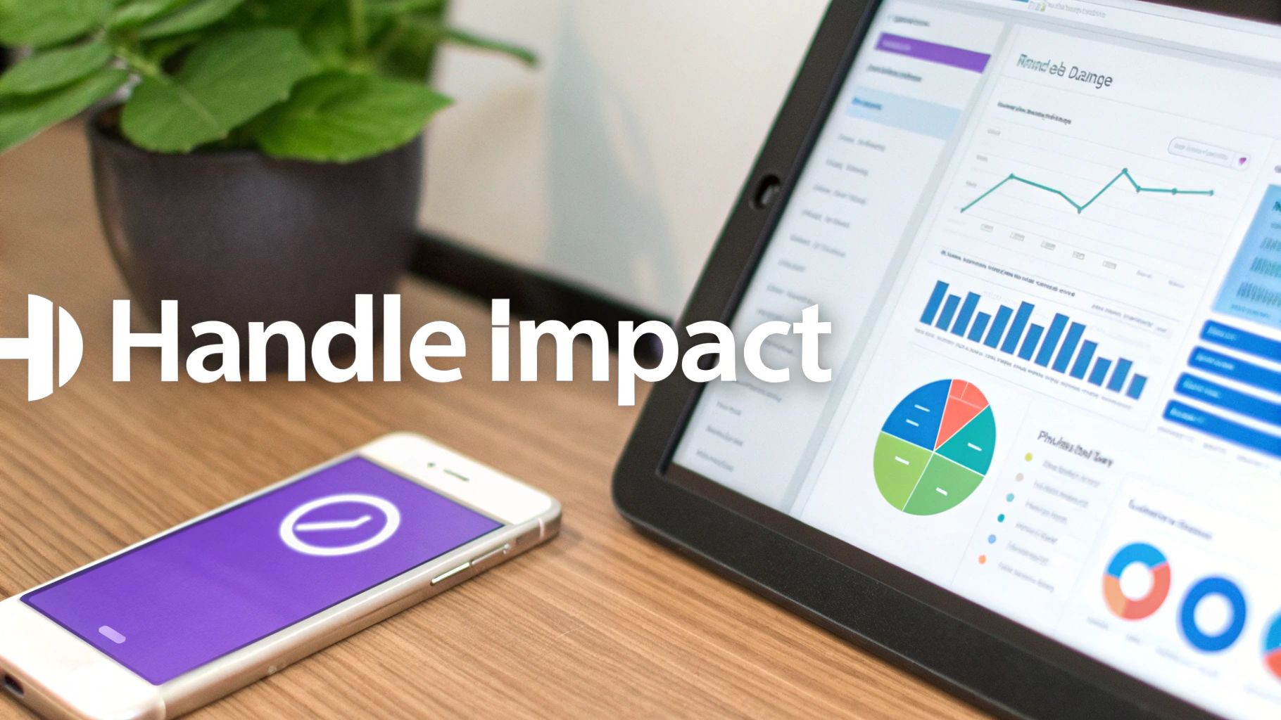 A smartphone and a tablet on a wooden desk, displaying a dashboard and the text 'Handle Impact'.