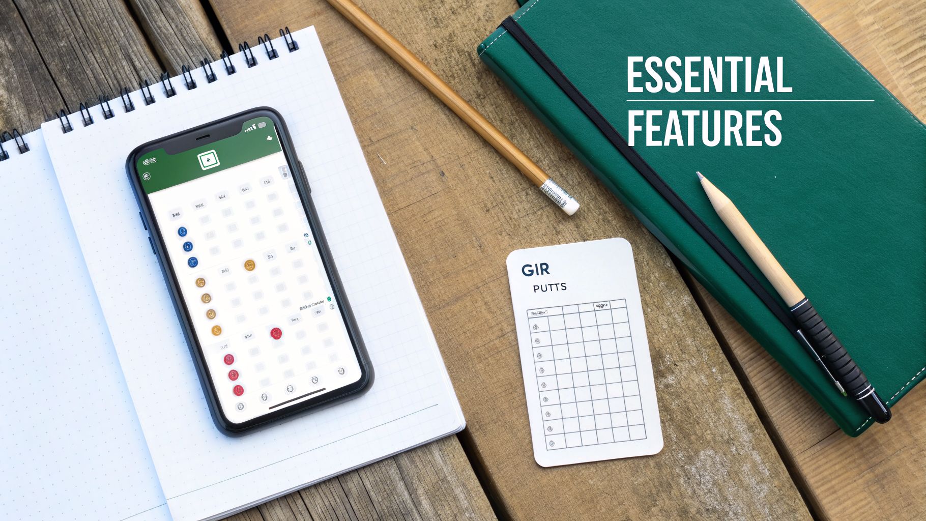 A flat lay of golf essentials: a smartphone app for tracking scores, a card, notebook, and journal on wood.