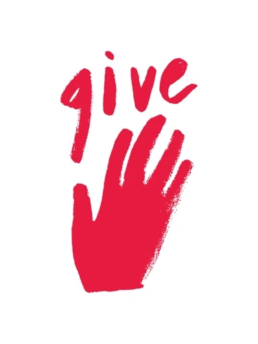 Red illustration of a raised hand with the word give