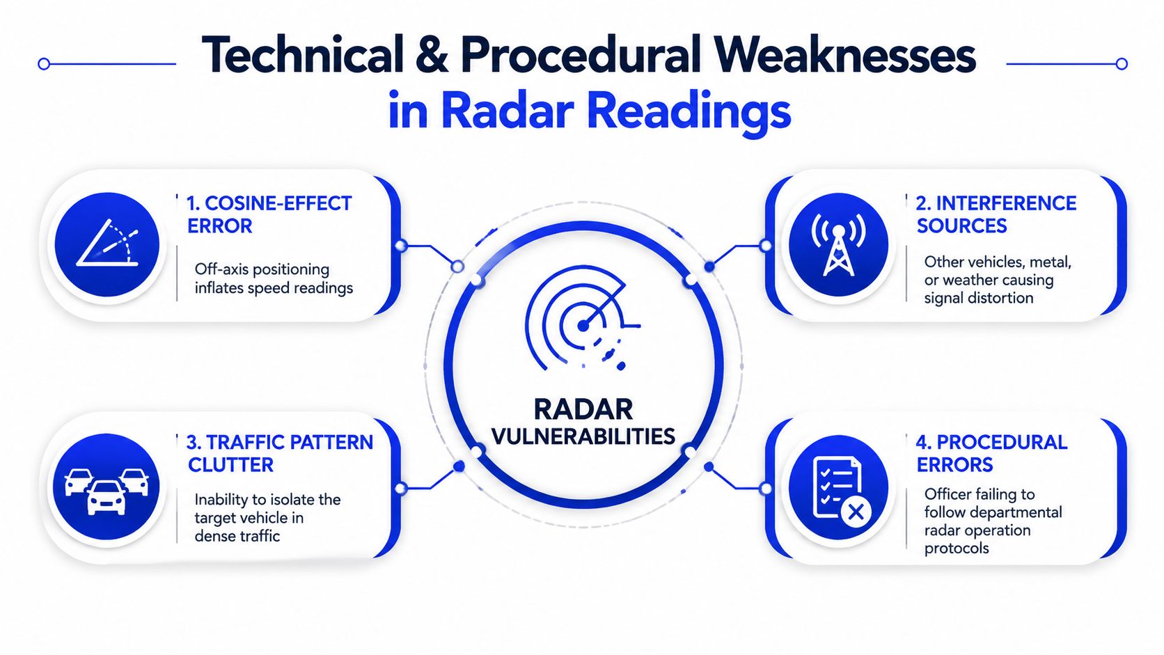 A diagram illustrating four key technical and procedural weaknesses that can affect police radar speed measurements.