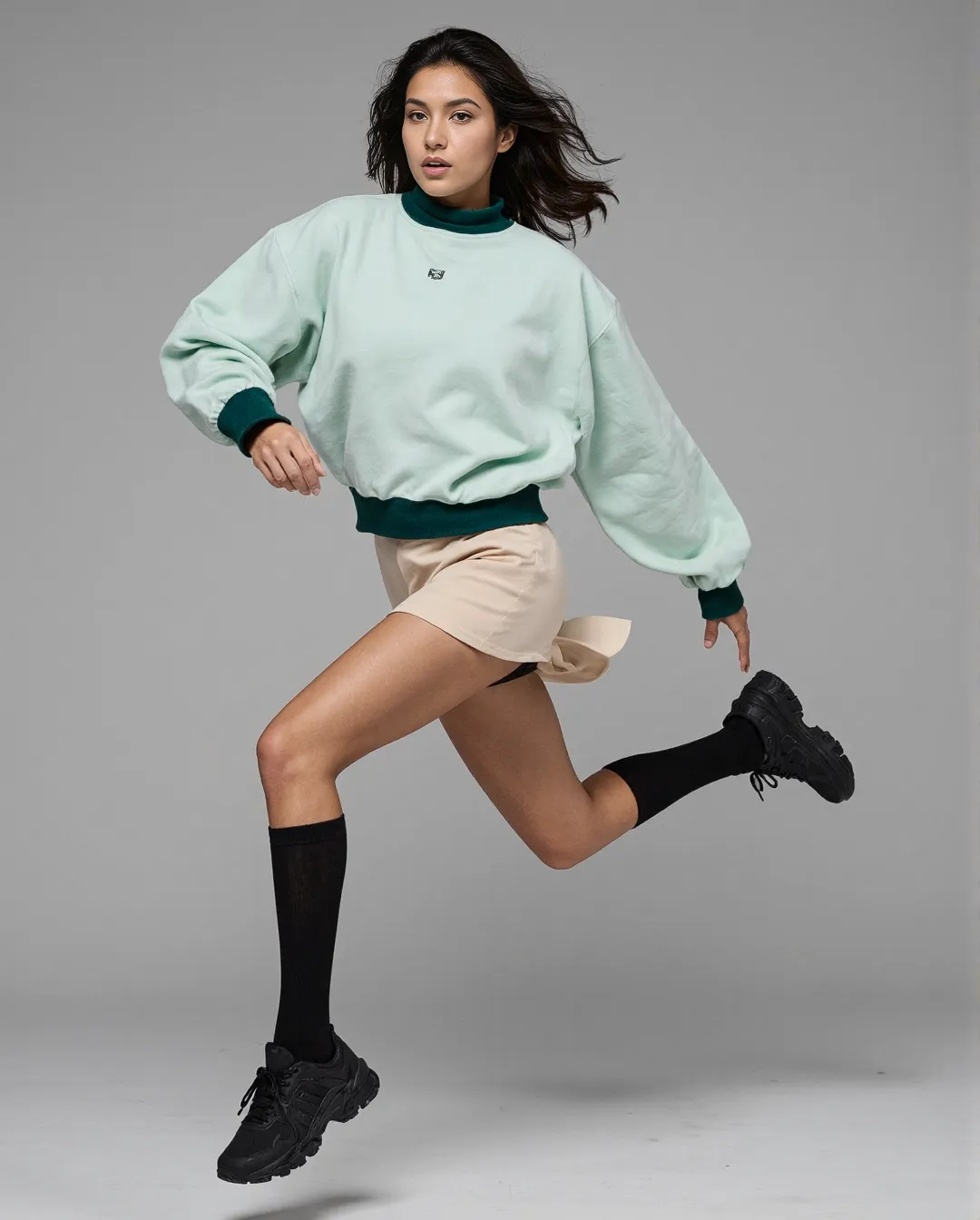 Fashion photography featuring a mint green sweatshirt with beige shorts and black boots in a dynamic mid-motion pose against a gray background