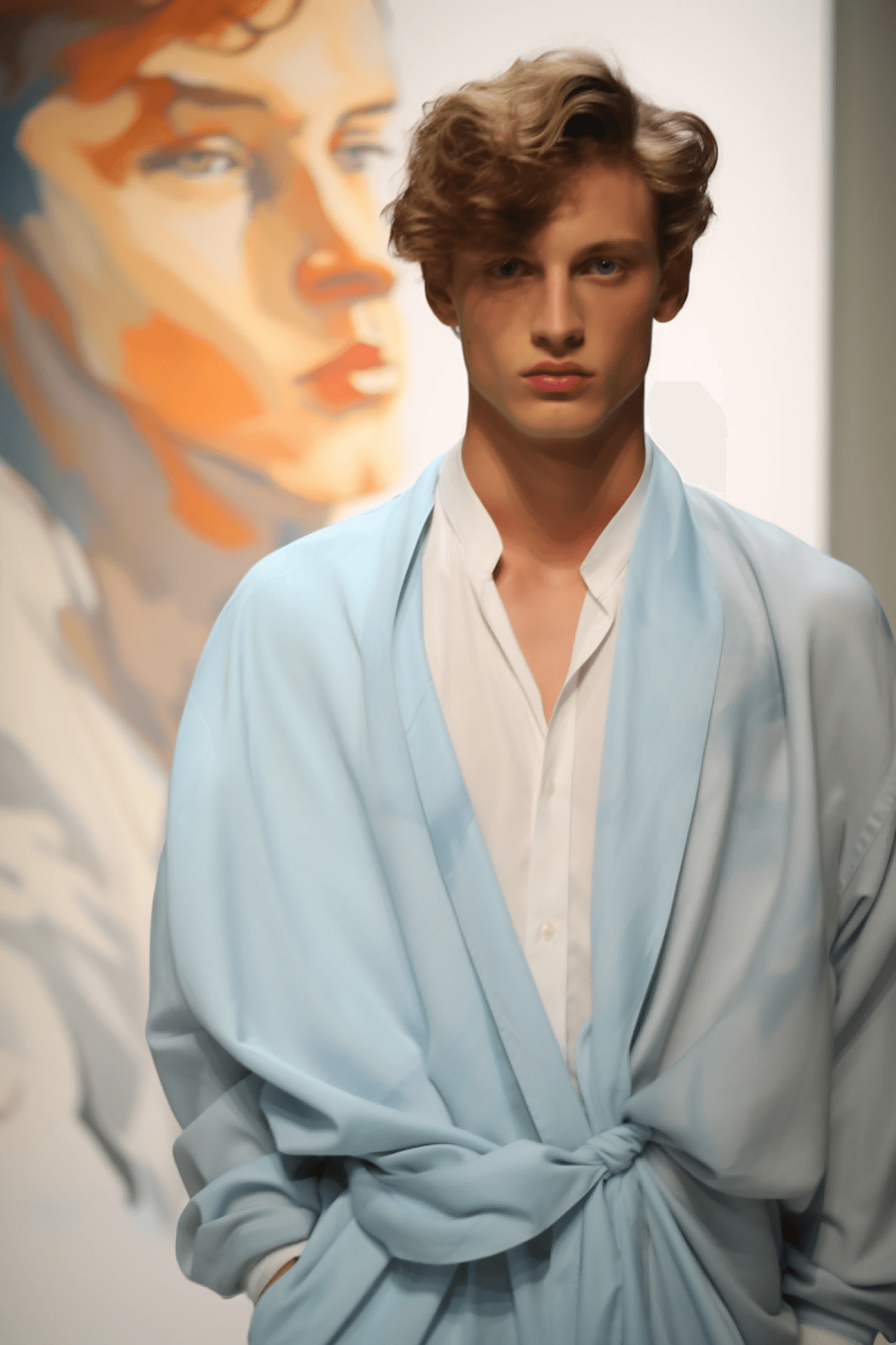 A model wearing a light blue robe over a white shirt stands confidently on the runway, set against a backdrop featuring a large, colorful portrait.