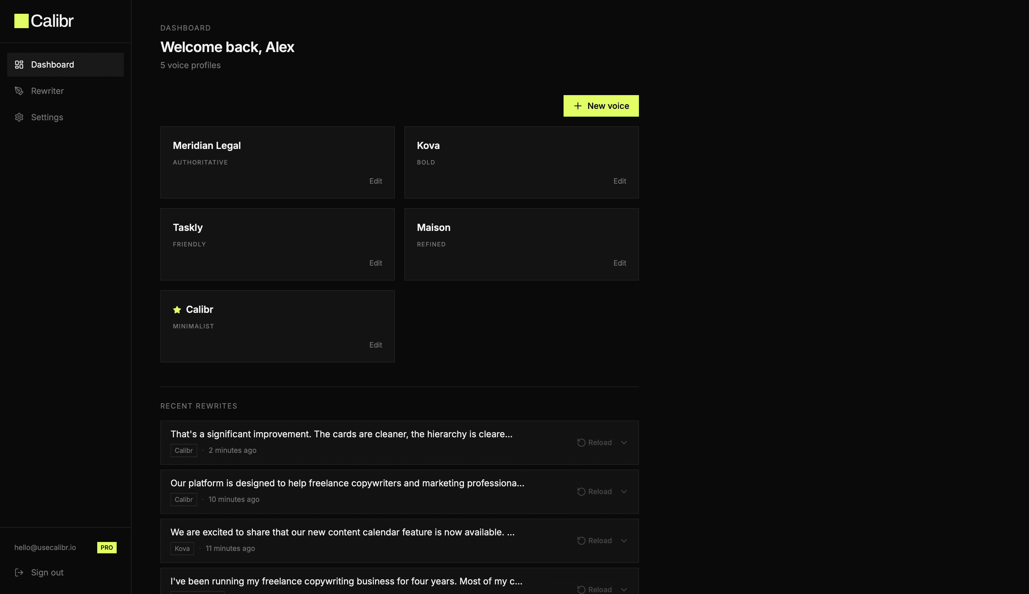 Calibr dashboard showing five brand voice profiles: Meridian Legal (Authoritative), Kova (Bold), Taskly (Friendly), Maison (Refined), and Calibr (Minimalist)
