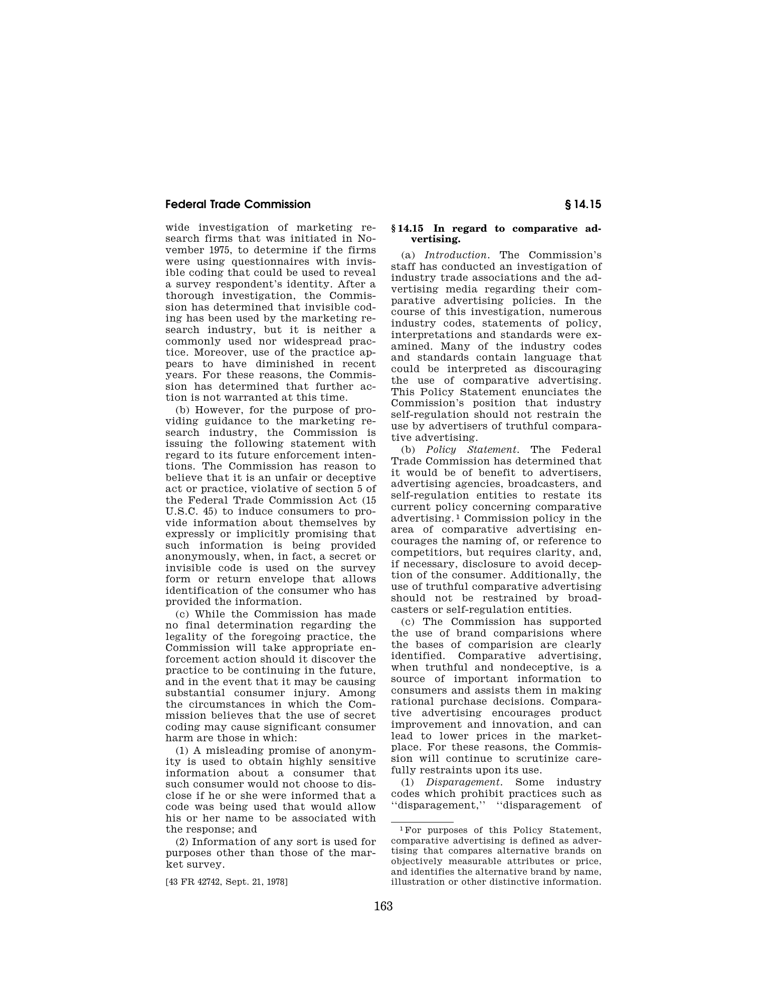 Federal Trade Commission policy defining truthful comparative advertising requirements