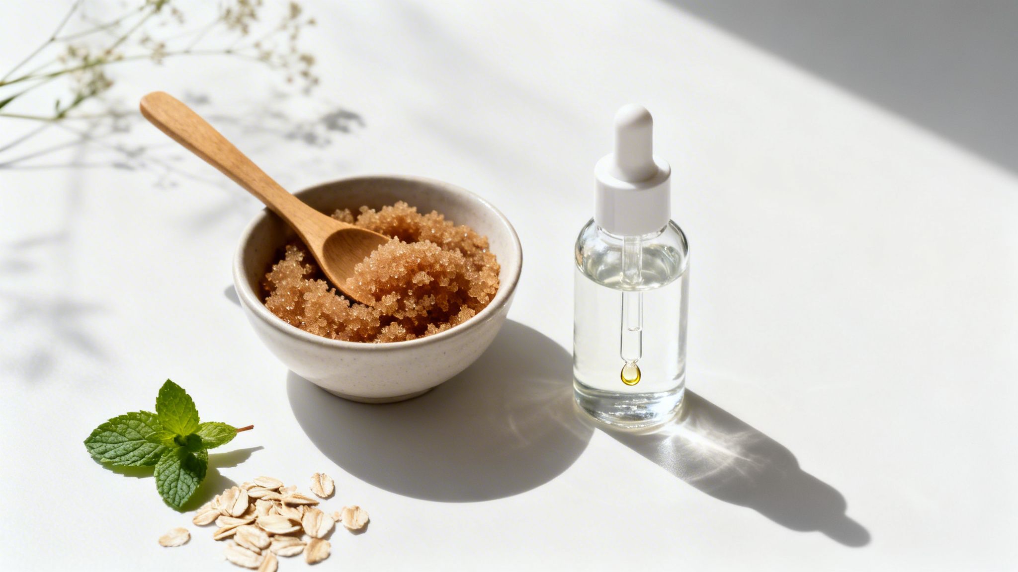 Natural DIY skincare ingredients: sugar scrub, dropper bottle with oil, fresh mint, and oats on white.