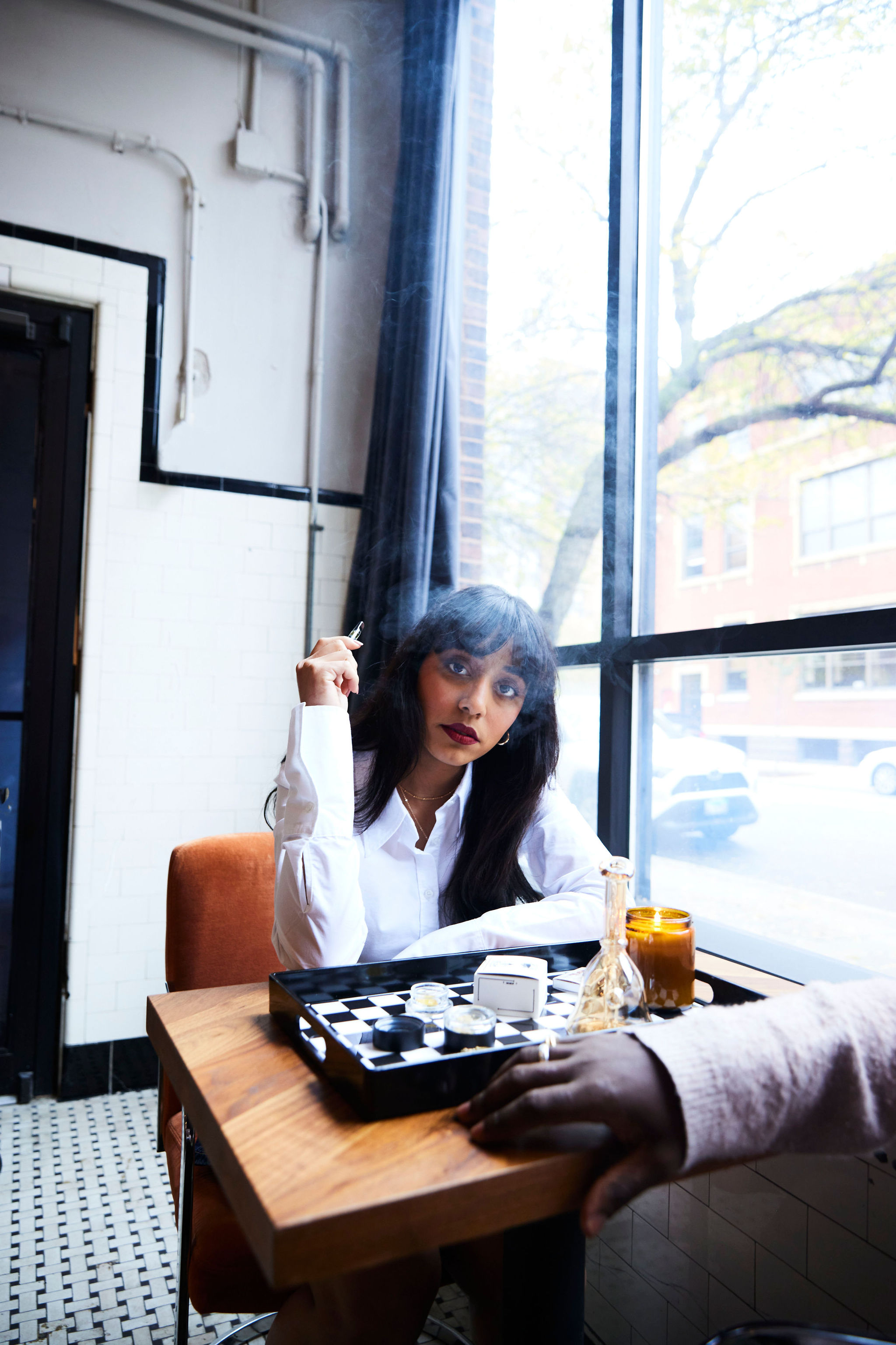 Rocky desert landscape with mountains at sunset