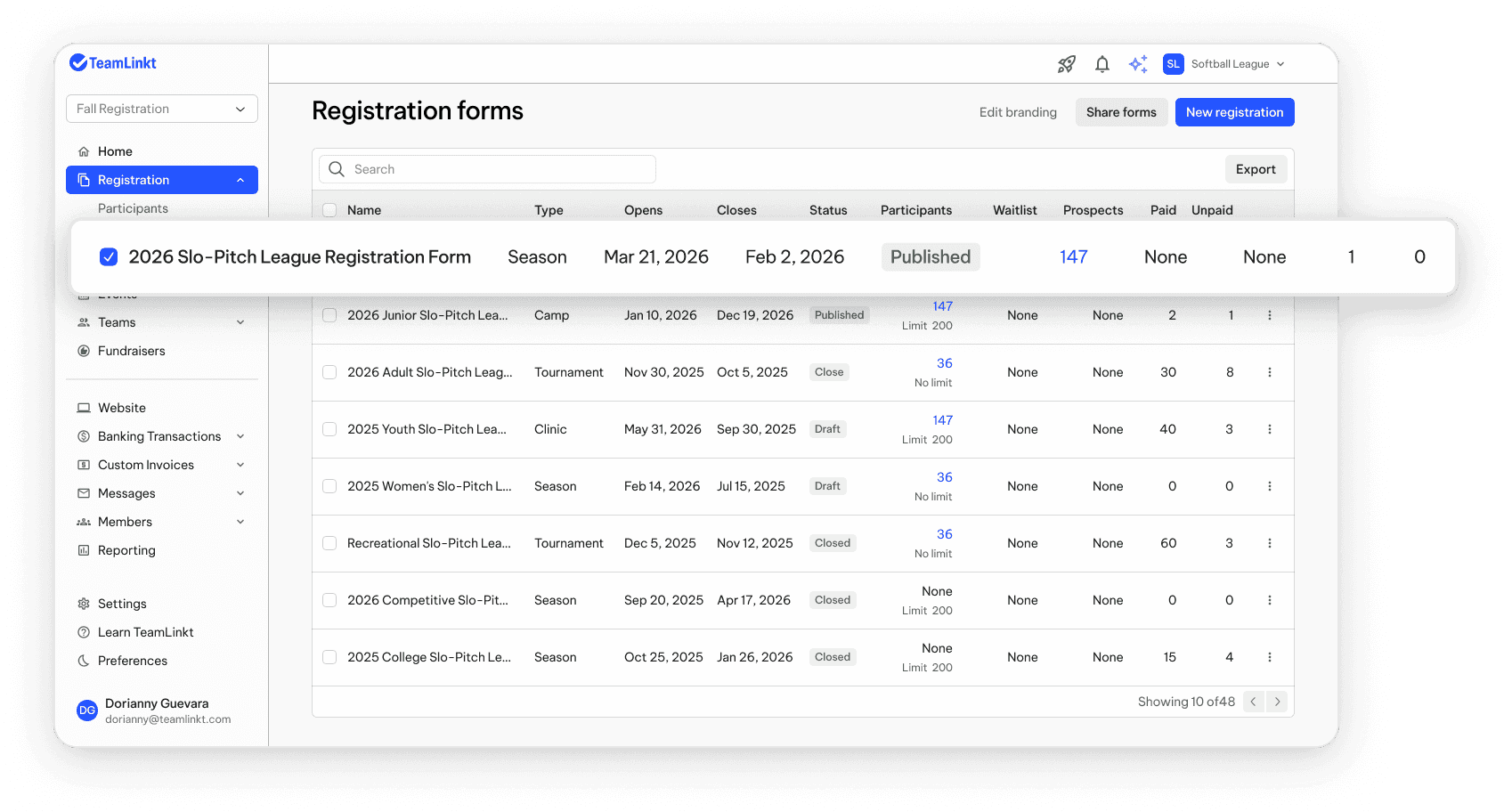 TeamLinkt's Slo-Pitch Registration Forms Dashboard