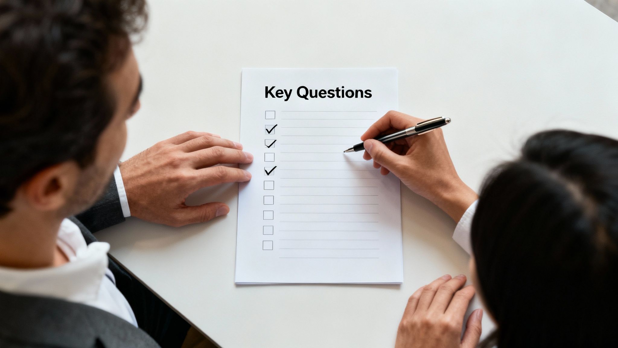 A small business owner in a meeting, asking important questions to a potential marketing agency.