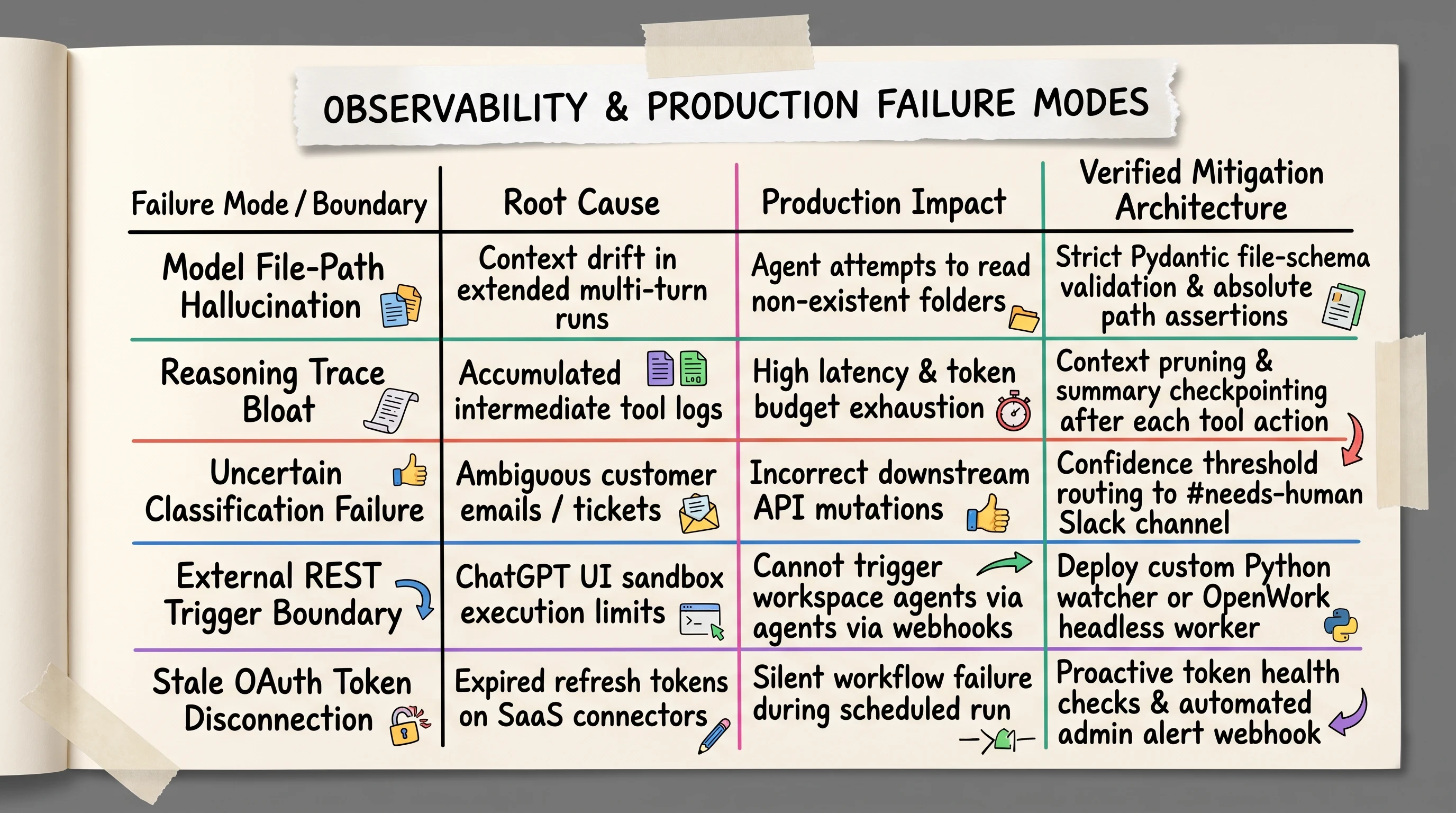 Observability and production failure modes matrix detailing errors root causes and architectural mitigations