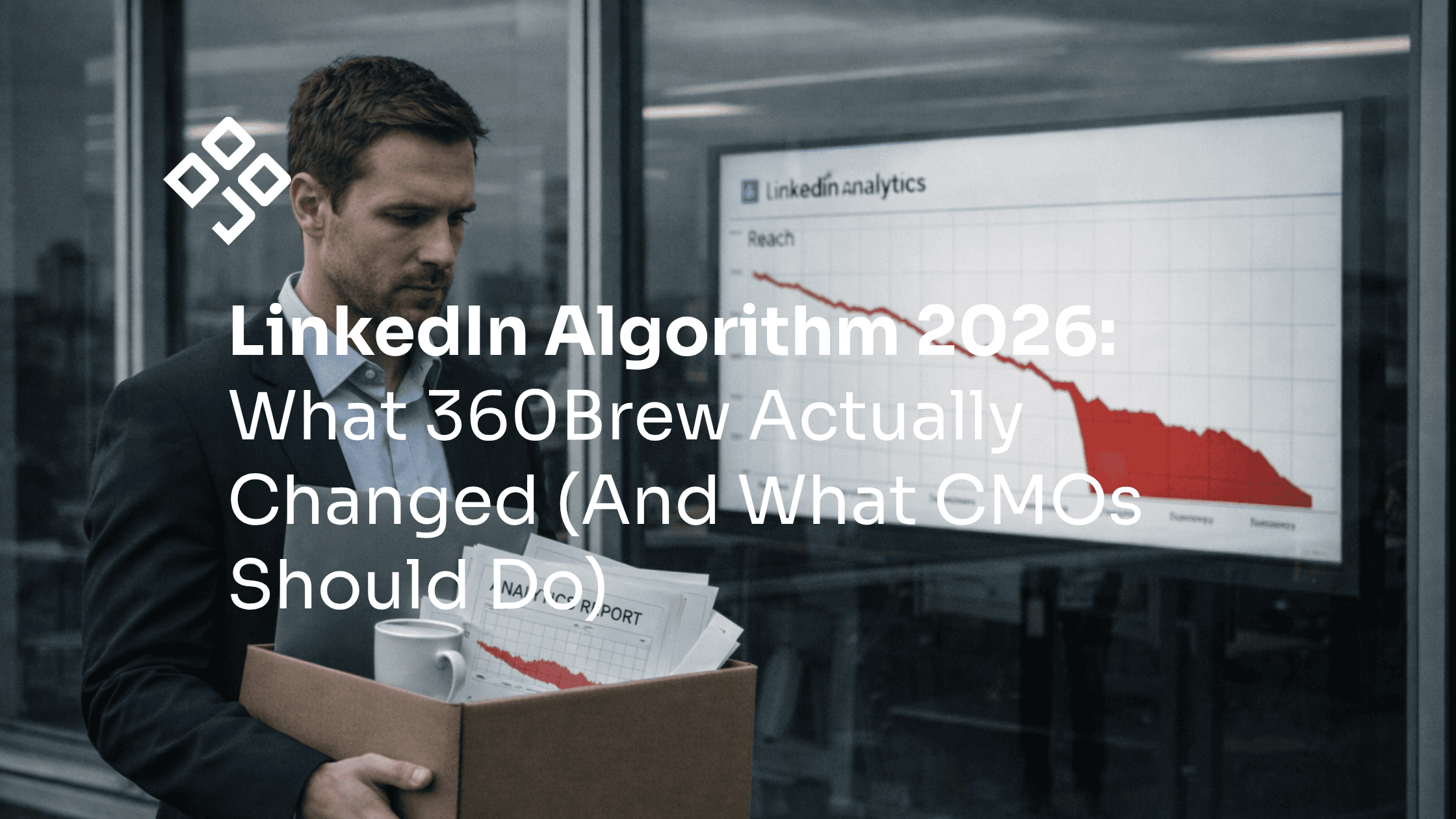 Marketer leaving office with cardboard box as LinkedIn algorithm 2026 reach graph collapses on screen behind them