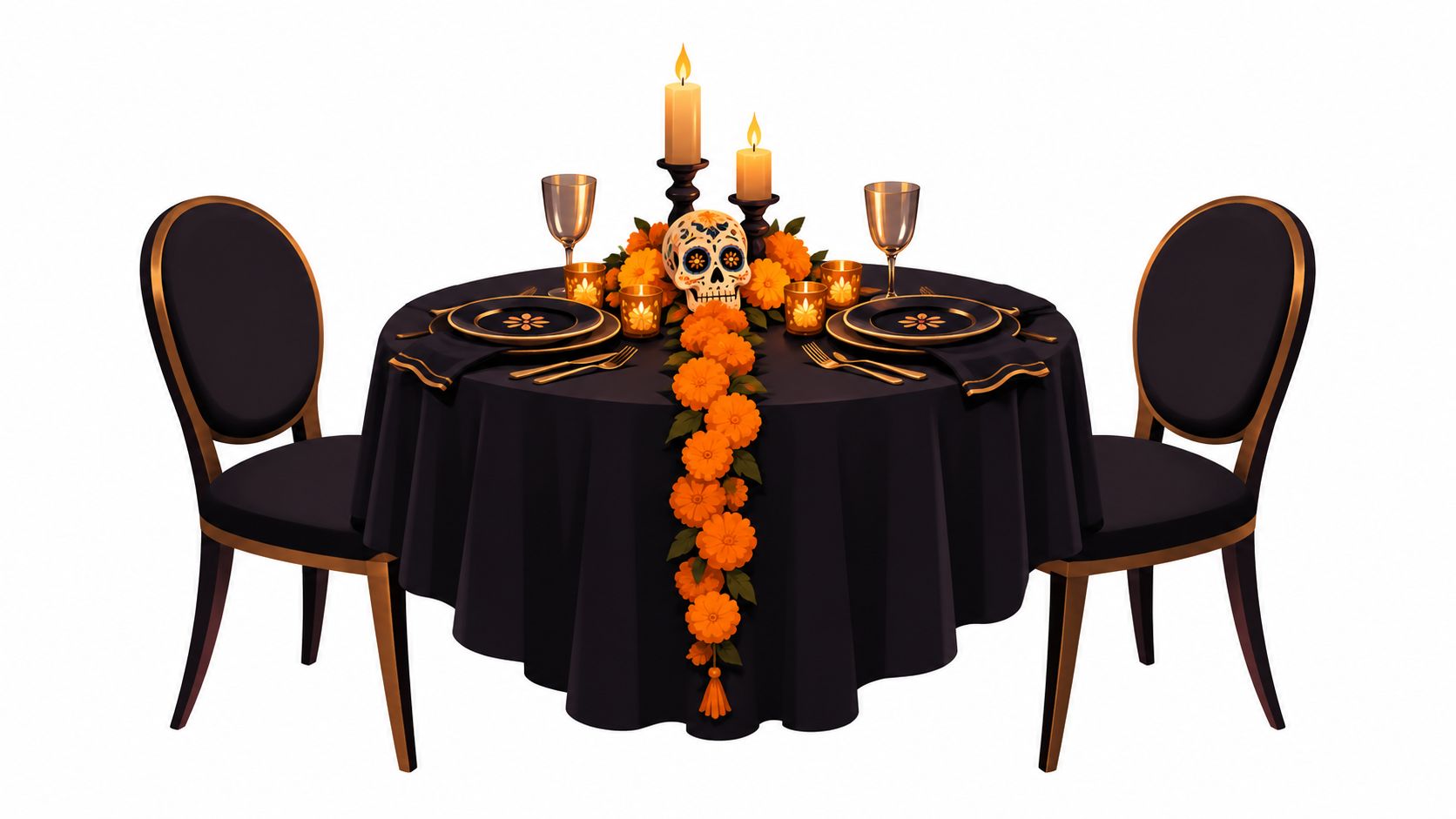 Mesa elegante para dos personas decorada con motivos temáticos de Día de Muertos y calavera central.