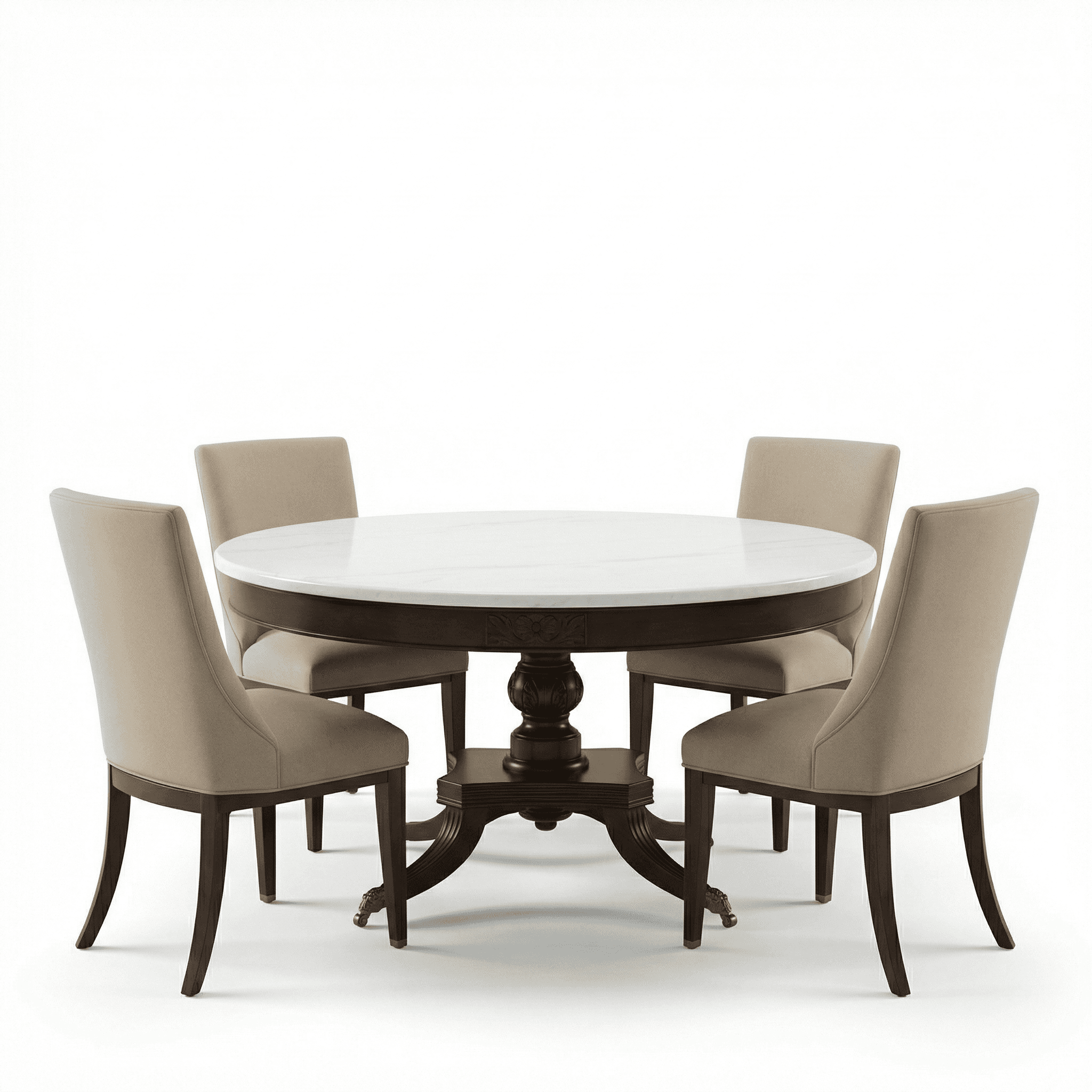Rectangular solid wood dining set with high‑back upholstered chairs arranged for larger group dining