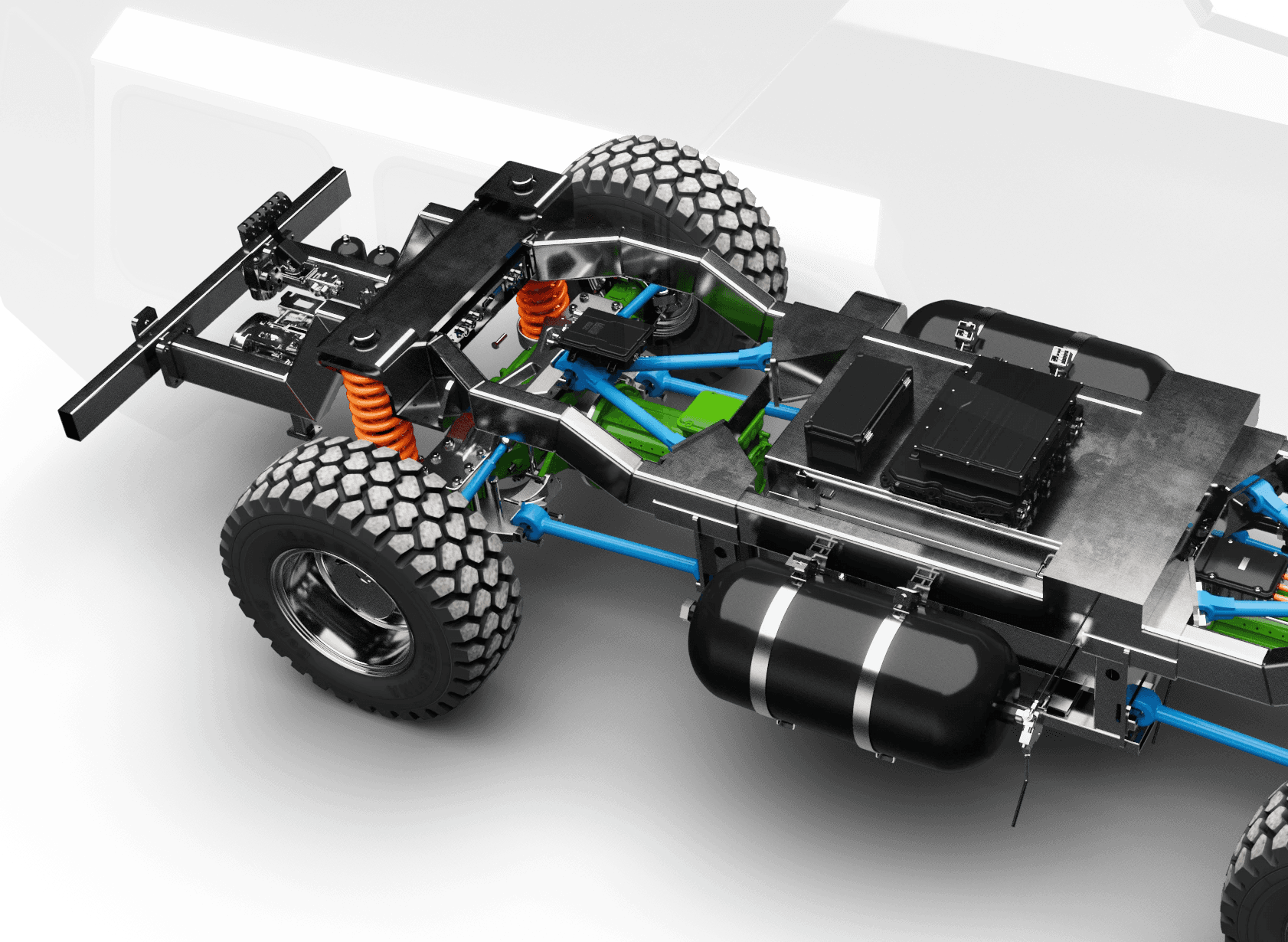 Technical exploded view of mining vehicle showing engineering components and chassis layout