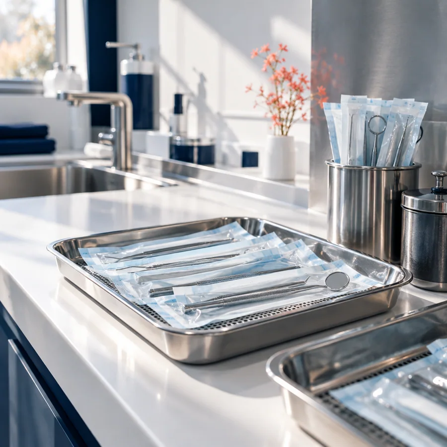Steel trays with sealed instrument pouches on a white counter