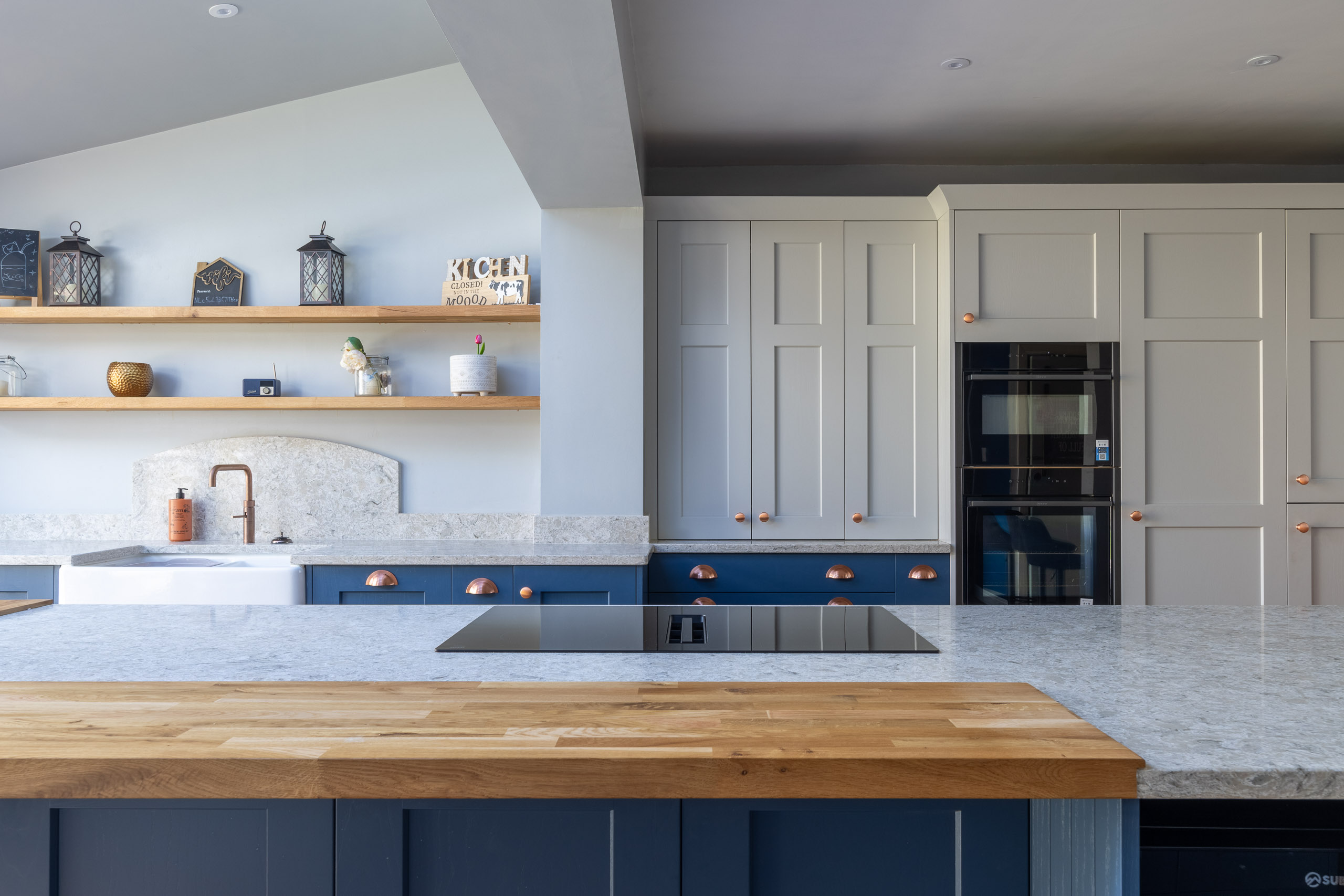 blue shaker kitchen with oak breakfast bar in gomersal, cleckheaton