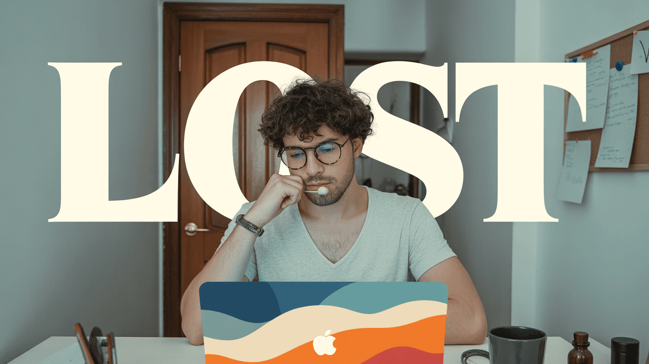 Thoughtful creator at desk with large LOST text for life purpose and self-doubt video