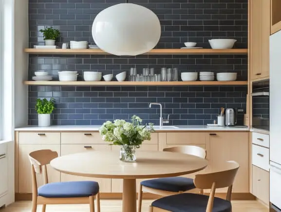 Contemporary kitchen with light wood cabinets, open shelves, dark subway tile backsplash, and a round dining table