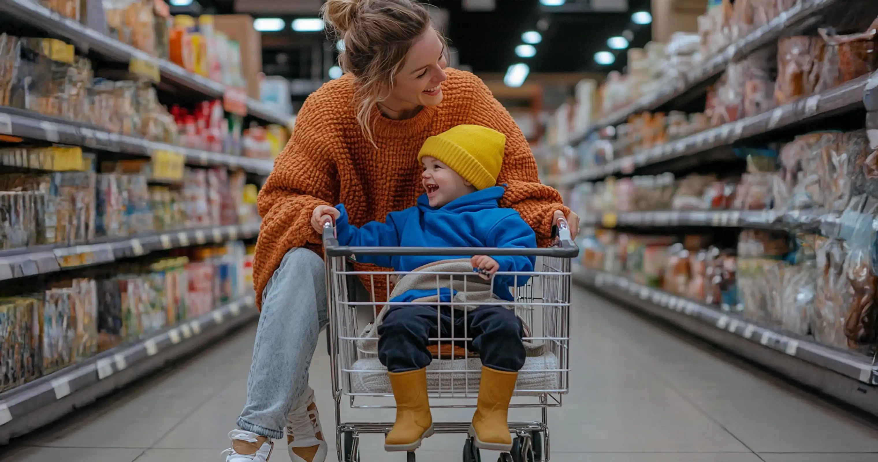 A cheerful nanny assisting a child during a shopping trip, illustrating the dual role of Nanny PAs in providing childcare and household support.